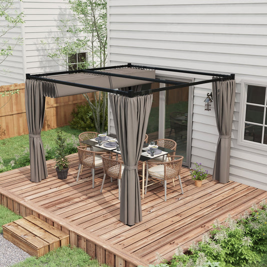 3 x 3(m) Pergola with Retractable Roof Canopy and Curtains, Metal Frame Garden Gazebo Outdoor Sun Shade Shelter for Grill, Patio, Deck, Light Grey