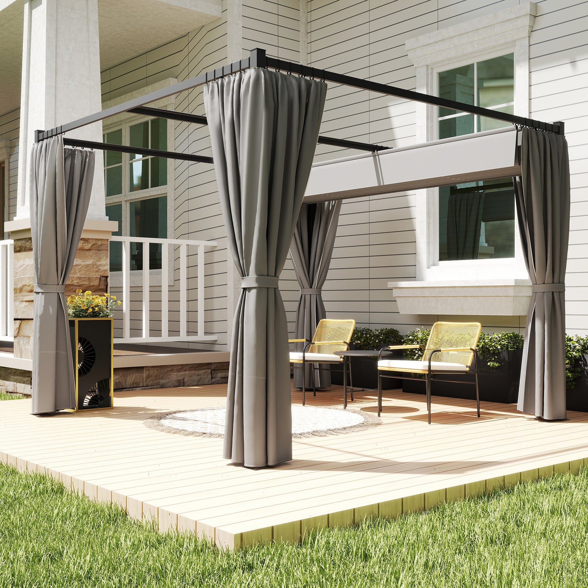 3 x 3(m) Pergola with Retractable Roof Canopy and Curtains, Metal Frame Garden Gazebo Outdoor Sun Shade Shelter for Grill, Patio, Deck, Light Grey