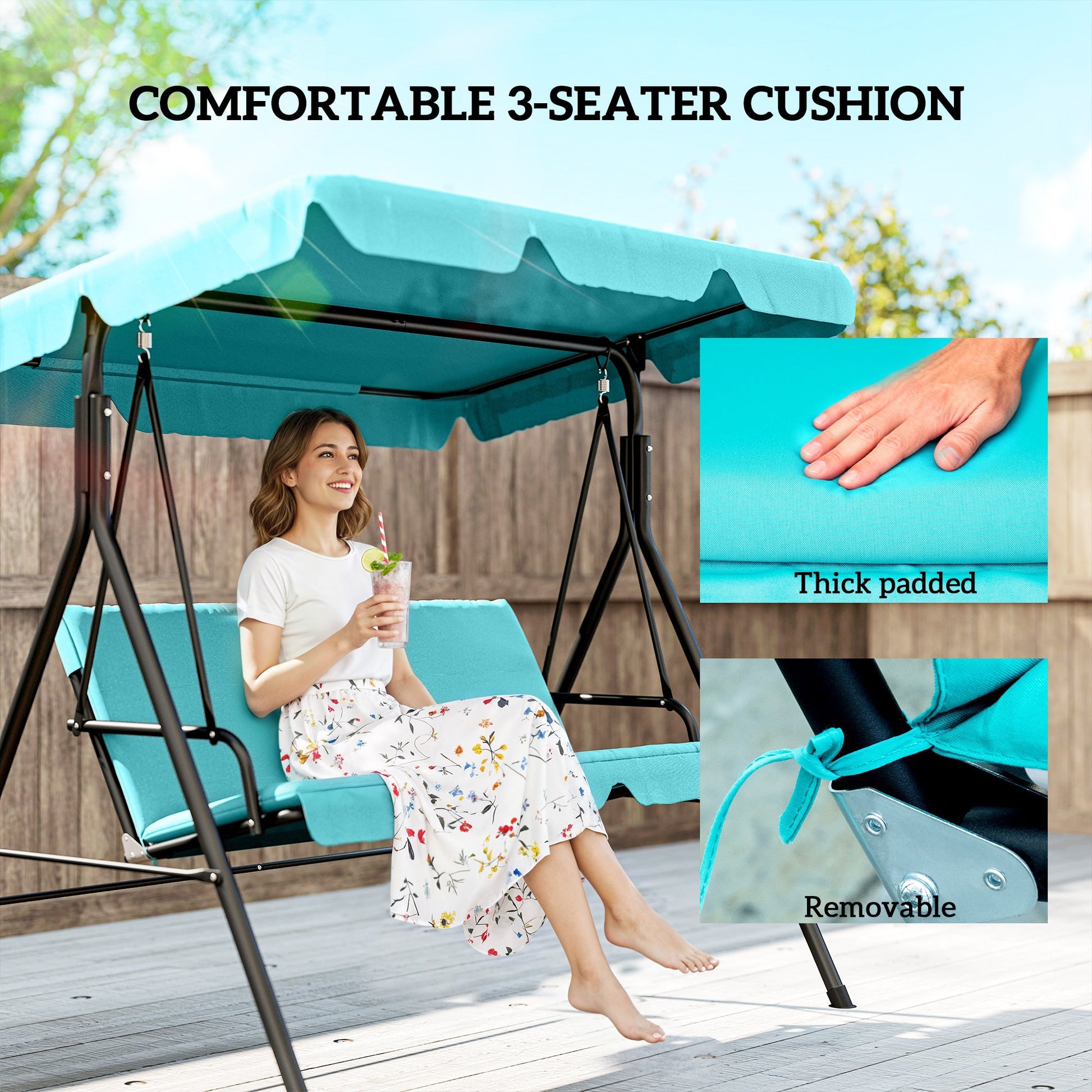 3 Seater Swing Chair with Adjustable Canopy, Garden Swing Seat with Steel Frame, Padded Seat, Blue