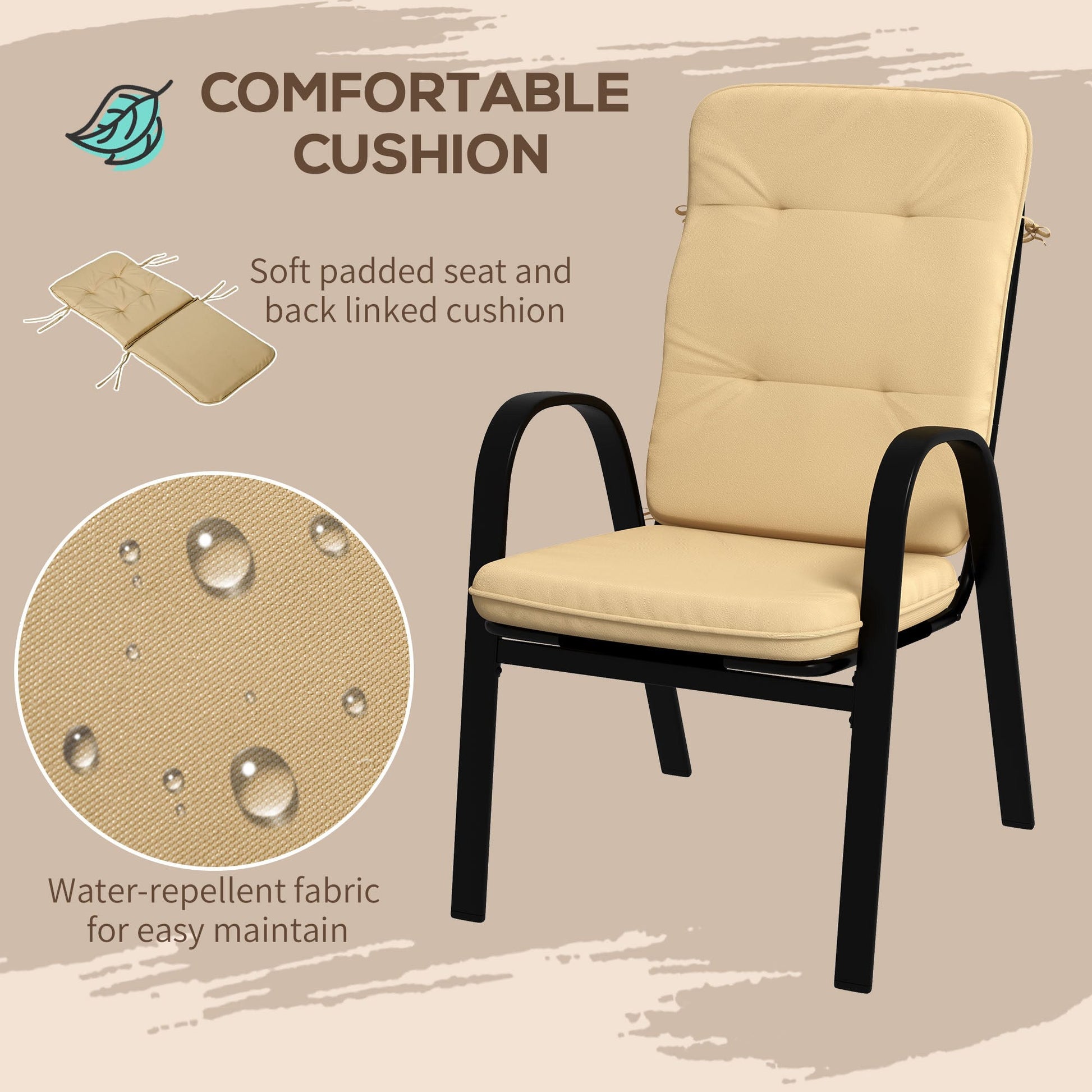 5 Pieces Garden Dining Set, Outdoor Square Dining Table and 4 Cushioned Armchairs, Tempered Glass Top Table w/ Umbrella Hole, Texteline Seats, Beige