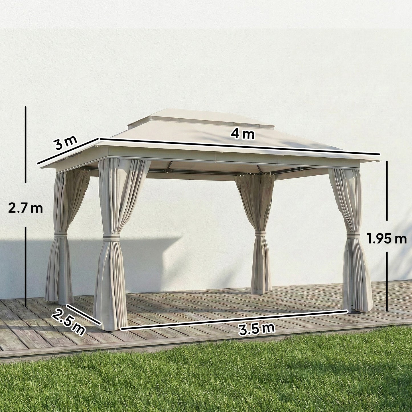 3 x 4 m Outdoor Garden Gazebo with Netting and Curtains, UPF50+ Double Roof Patio Gazebo Permanent Pavilion Canopy Shelter with Metal Frame, Drainage Holes, Beige