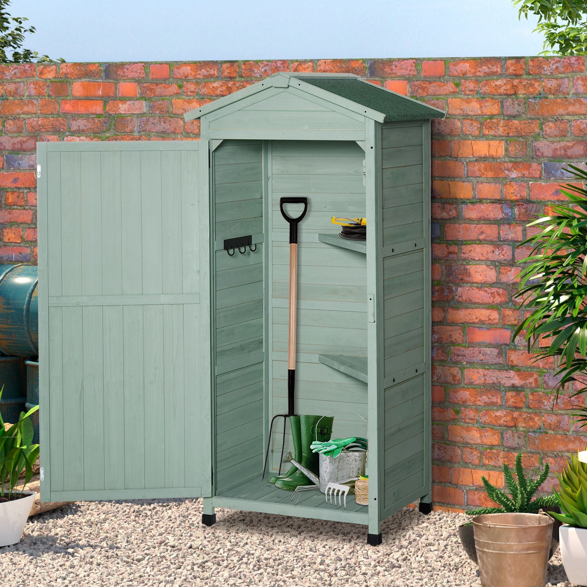 Wooden Garden Shed, Outdoor Storage Cabinet with 2 Shelves and Hooks, Locking Organiser Outdoor Narrow Tool House, 74x55x155cm, Green
