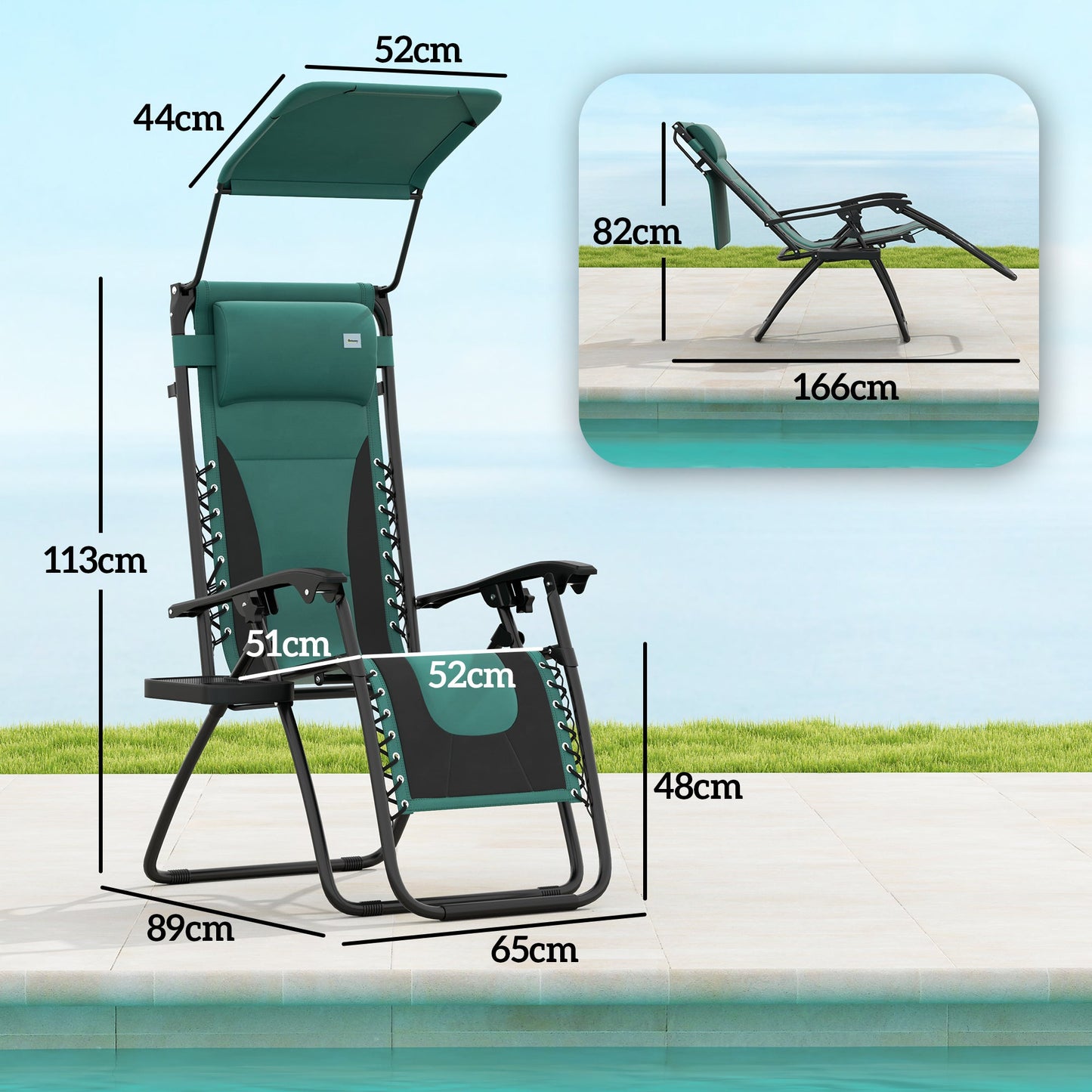 Zero Gravity Lounger Chair Set of 2, Folding Reclining Patio Chair with Shade Cover, Padded Seat, Cup Holder, Soft Cushion and Headrest for Poolside, Camping, Green