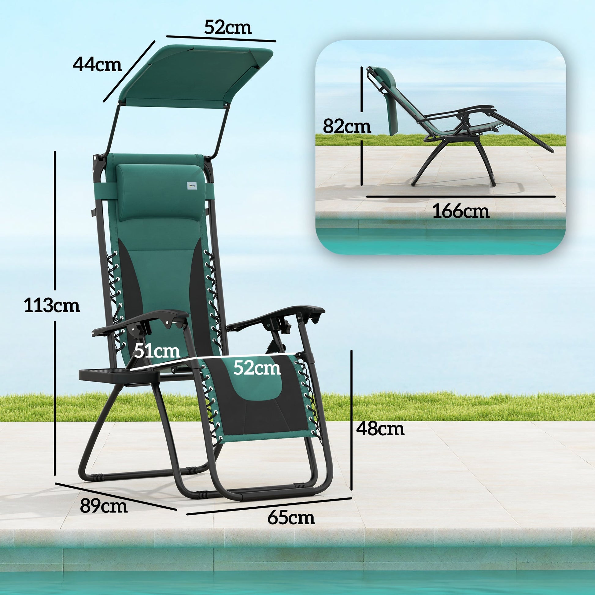 Zero Gravity Lounger Chair Set of 2, Folding Reclining Patio Chair with Shade Cover, Padded Seat, Cup Holder, Soft Cushion and Headrest for Poolside, Camping, Green