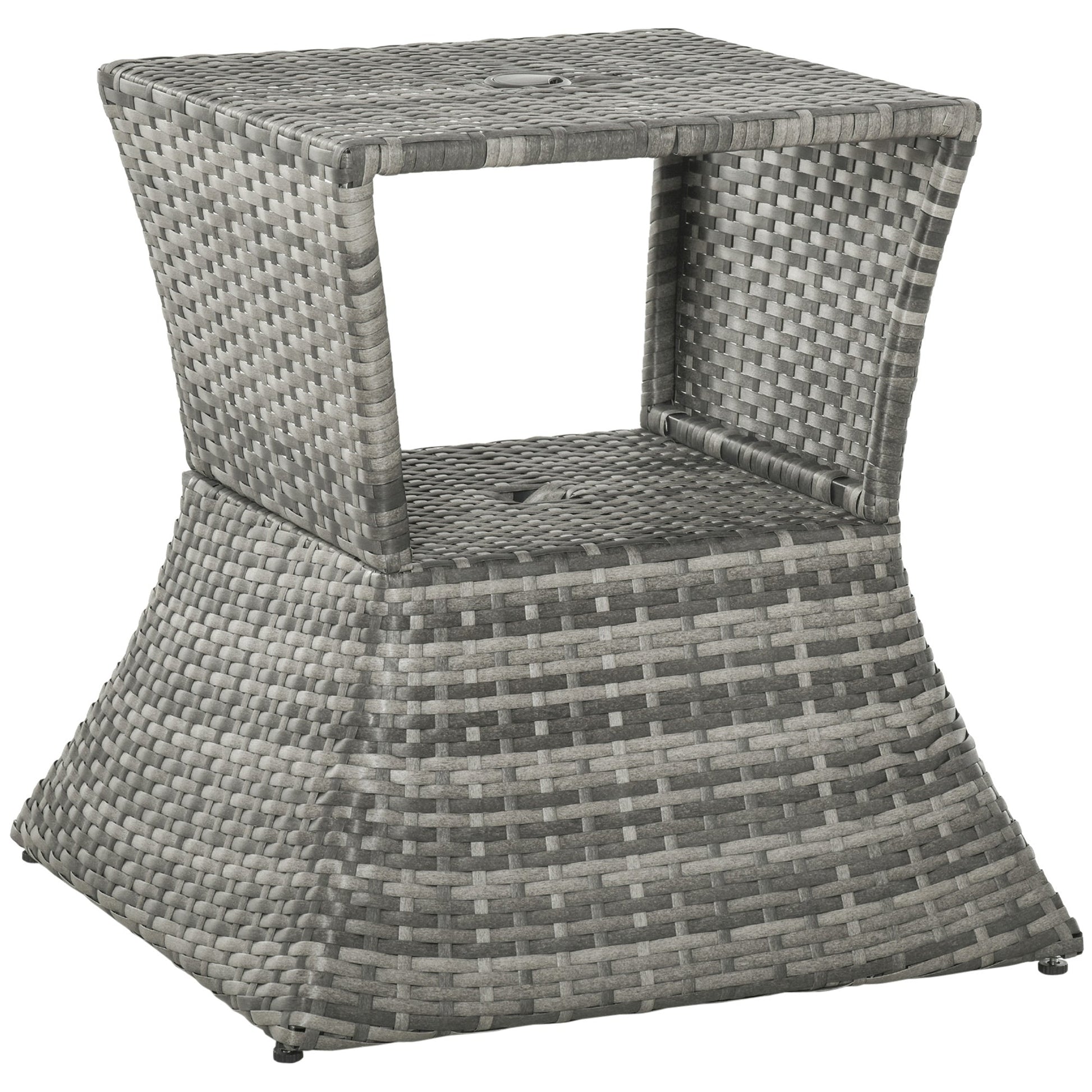 Rattan Outdoor Coffee Table, Wicker Garden Patio Bistro Side Table with Umbrella Hole and Storage Space for Balcony, Porch, Grey
