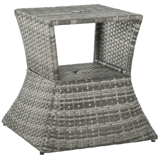 Rattan Outdoor Coffee Table, Wicker Garden Patio Bistro Side Table with Umbrella Hole and Storage Space for Balcony, Porch, Grey