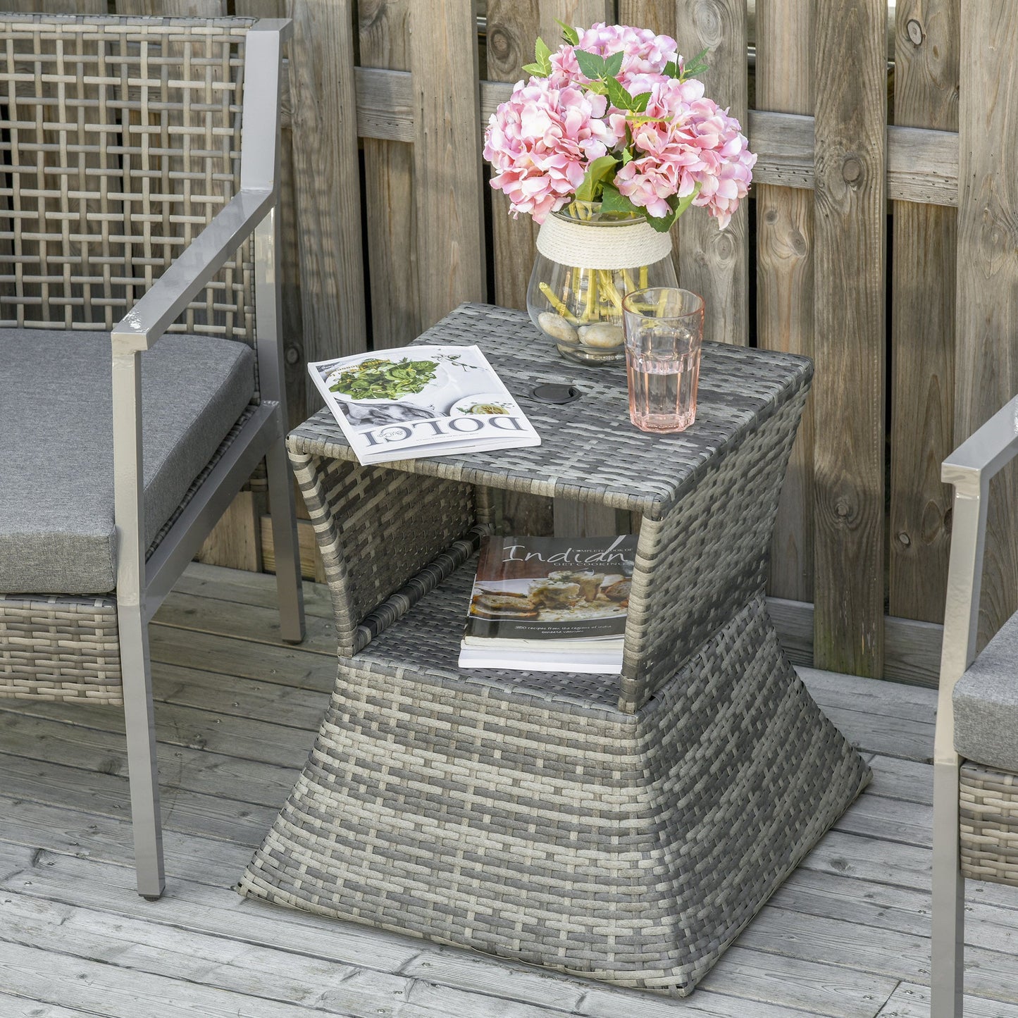 Rattan Outdoor Coffee Table, Wicker Garden Patio Bistro Side Table with Umbrella Hole and Storage Space for Balcony, Porch, Grey