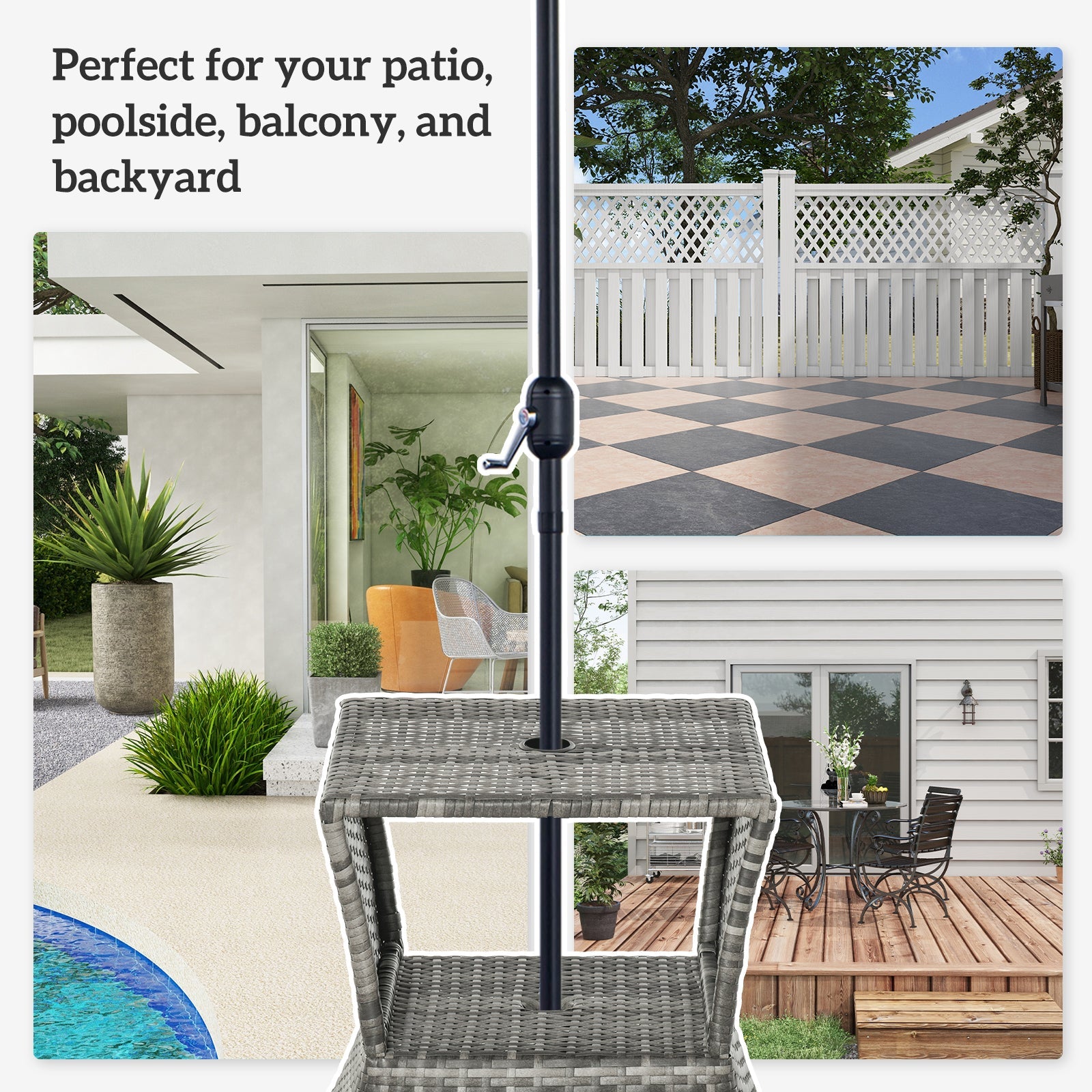 Rattan Outdoor Coffee Table, Wicker Garden Patio Bistro Side Table with Umbrella Hole and Storage Space for Balcony, Porch, Grey