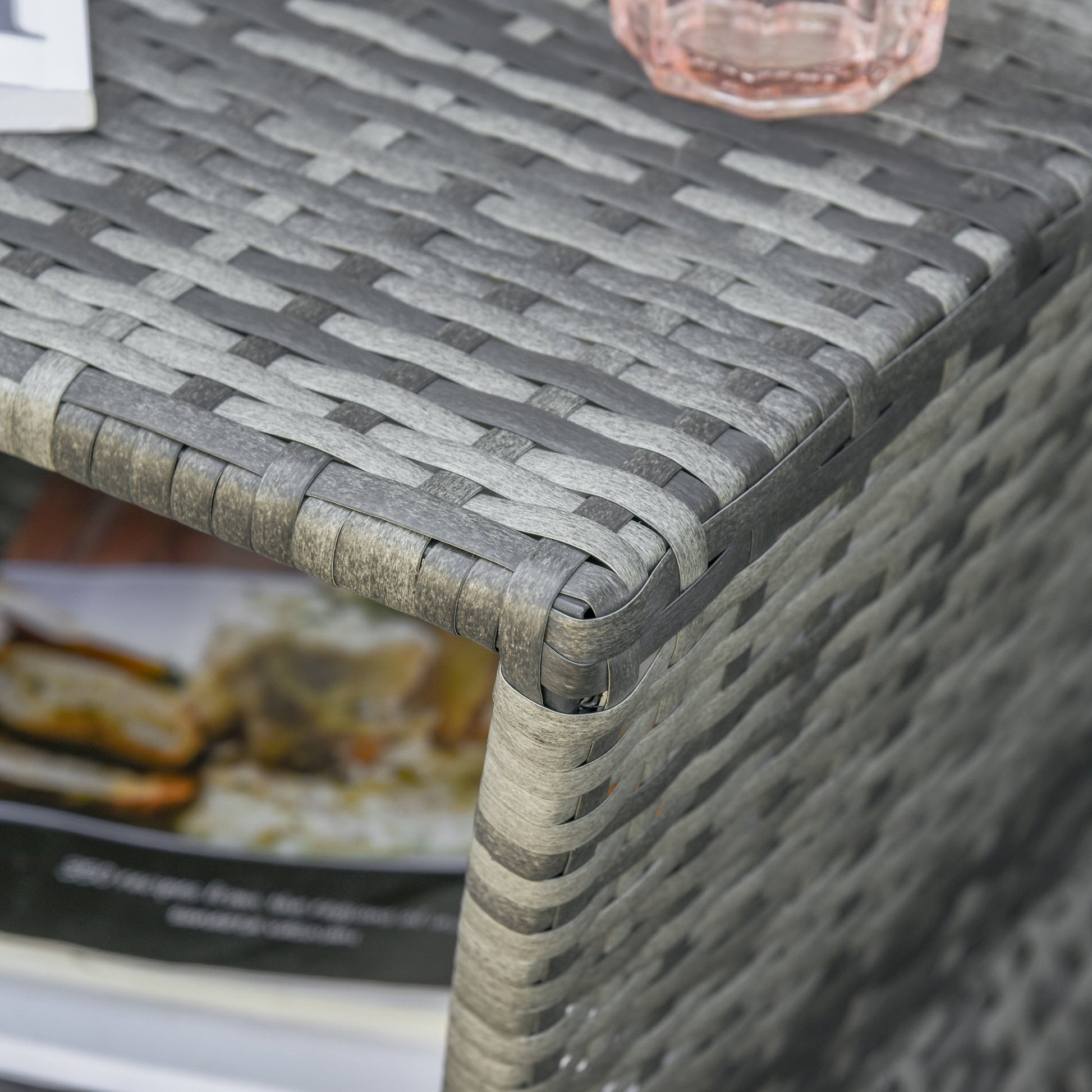Rattan Outdoor Coffee Table, Wicker Garden Patio Bistro Side Table with Umbrella Hole and Storage Space for Balcony, Porch, Grey