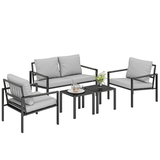 4 Seater Garden Furniture Set, 5 Piece Metal Garden Sofa Set with Thickened Cushions, Outdoor Patio Conversation Furniture with Loveseat, 2 Armchairs, 2 Coffee Tables for Balcony, Light Grey