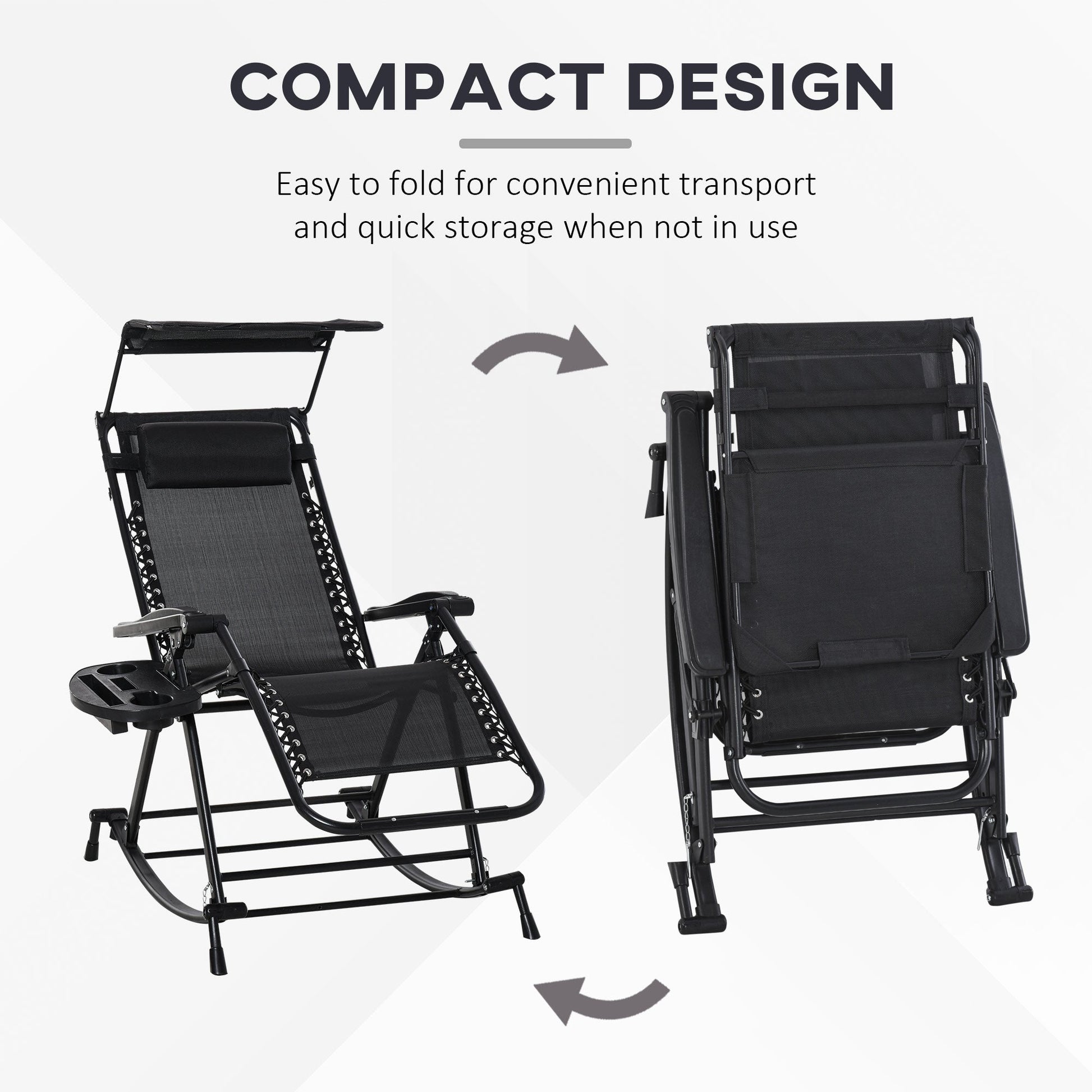 Garden Rocking Chair Folding Recliner Outdoor Adjustable Sun Lounger Rocker Zero-Gravity Seat with Headrest Side Holder Patio Deck - Black