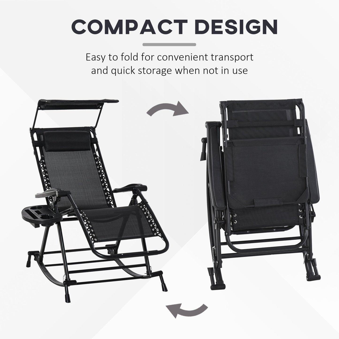 Garden Rocking Chair Folding Recliner Outdoor Adjustable Sun Lounger Rocker Zero-Gravity Seat with Headrest Side Holder Patio Deck - Black