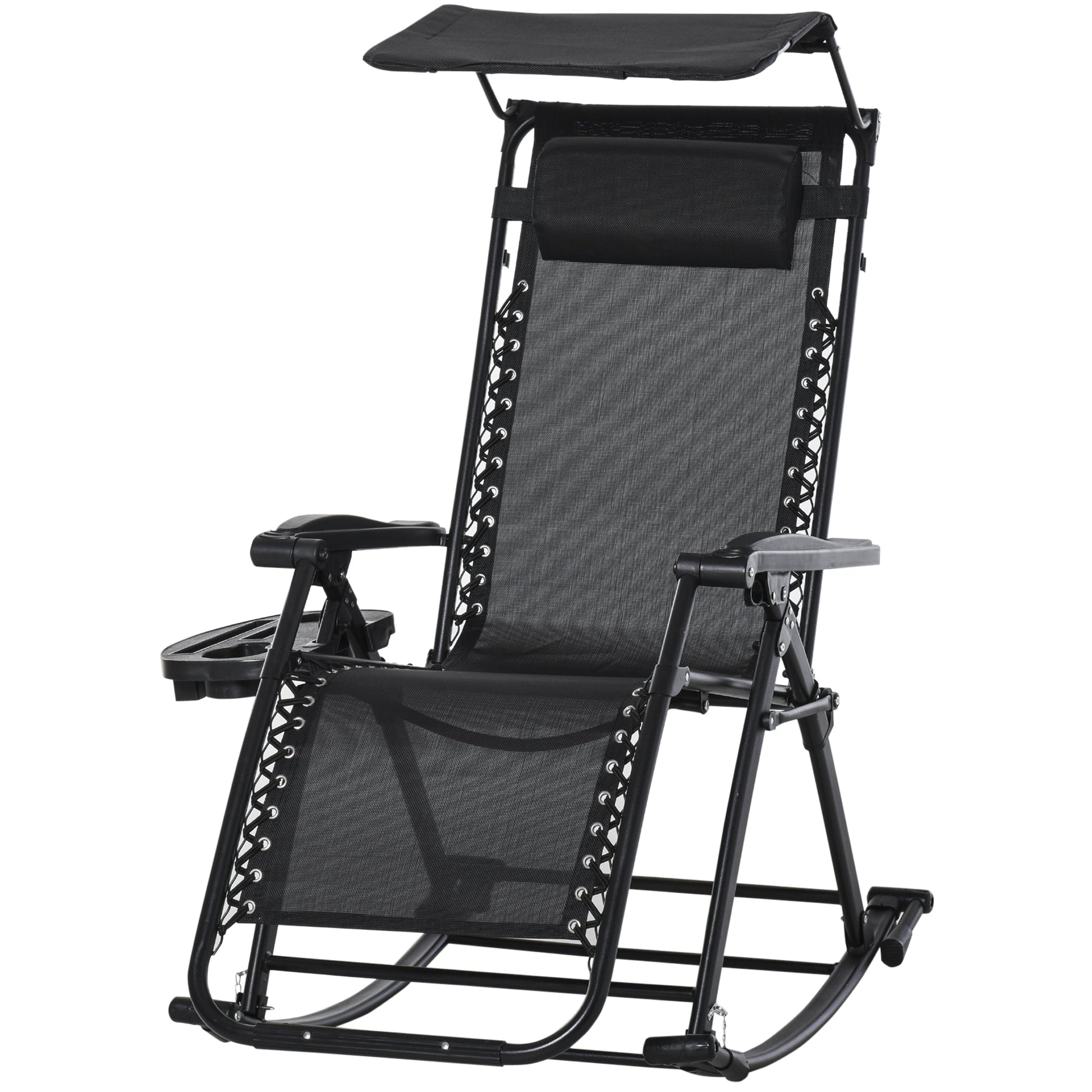 Garden Rocking Chair Folding Recliner Outdoor Adjustable Sun Lounger Rocker Zero-Gravity Seat with Headrest Side Holder Patio Deck - Black
