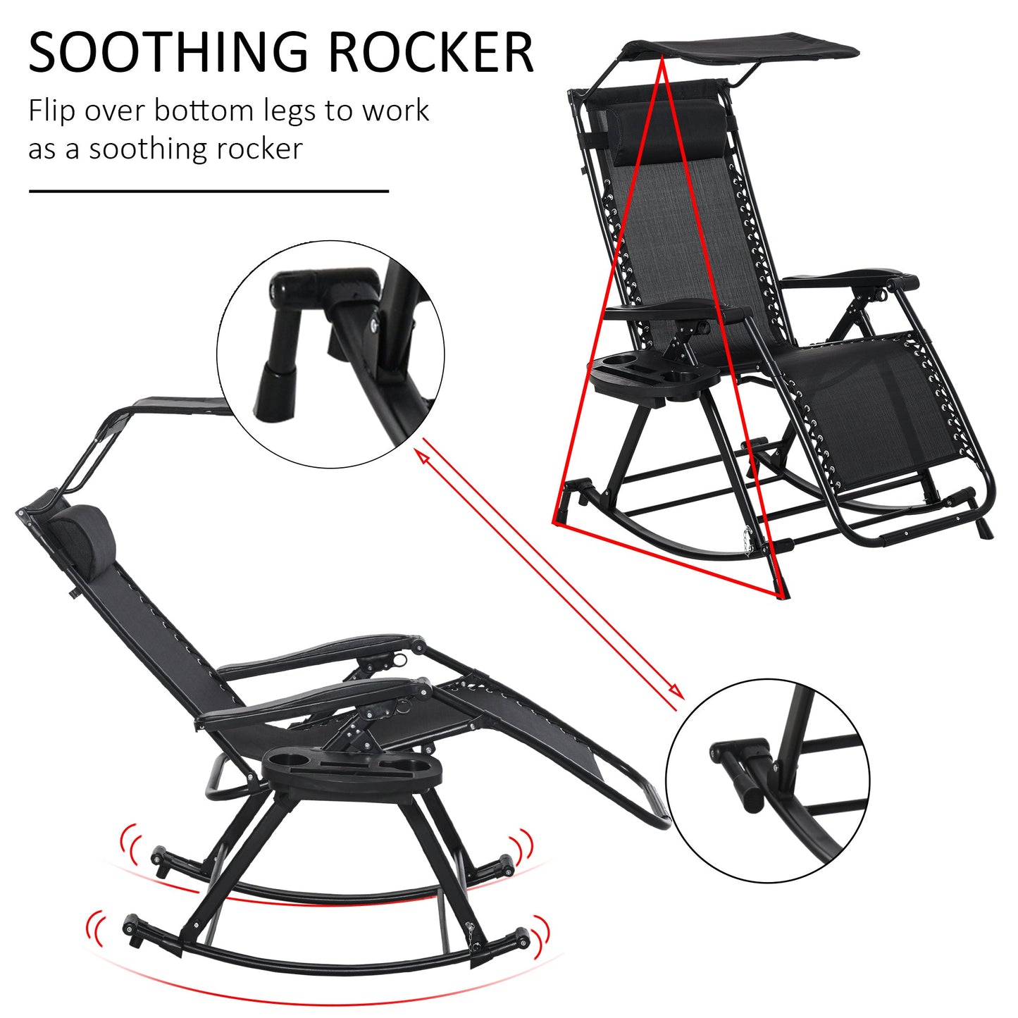 Garden Rocking Chair Folding Recliner Outdoor Adjustable Sun Lounger Rocker Zero-Gravity Seat with Headrest Side Holder Patio Deck - Black
