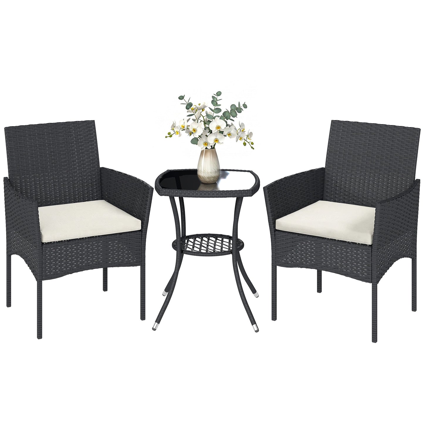 3 Piece Rattan Bistro Set, PE Wicker Garden Furniture Conversation Set, 2 Tier Glass-Top Bistro Table and Chairs for 2 with Cushions for Patio, Balcony, Porch, Cream White