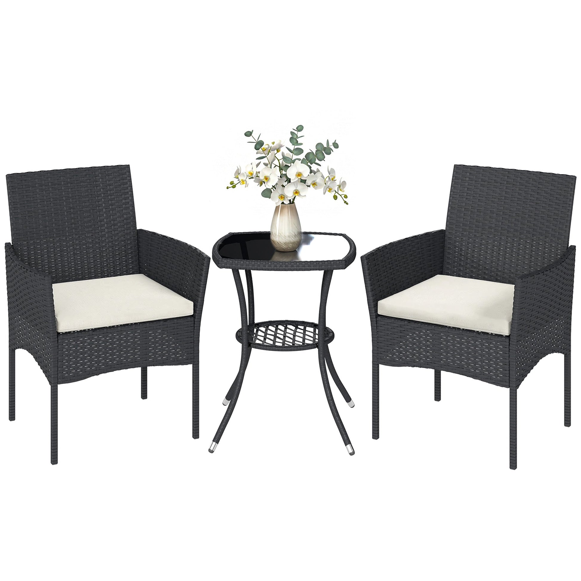 3 Piece Rattan Bistro Set, PE Wicker Garden Furniture Conversation Set, 2 Tier Glass-Top Bistro Table and Chairs for 2 with Cushions for Patio, Balcony, Porch, Cream White