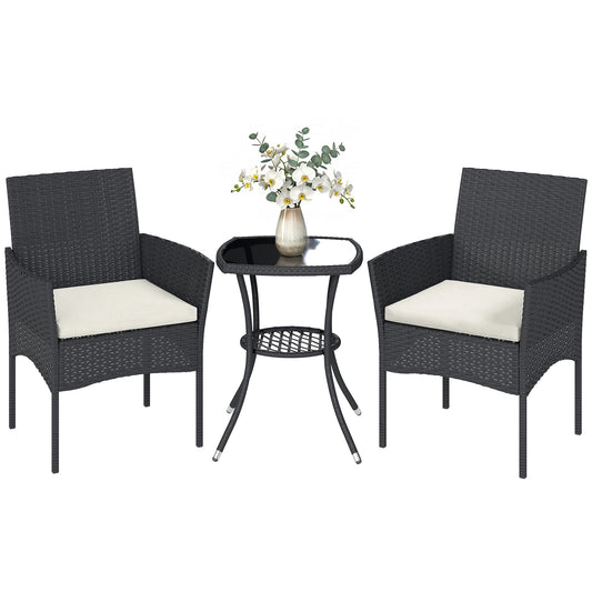3 Piece Rattan Bistro Set, PE Wicker Garden Furniture Conversation Set, 2 Tier Glass-Top Bistro Table and Chairs for 2 with Cushions for Patio, Balcony, Porch, Cream White