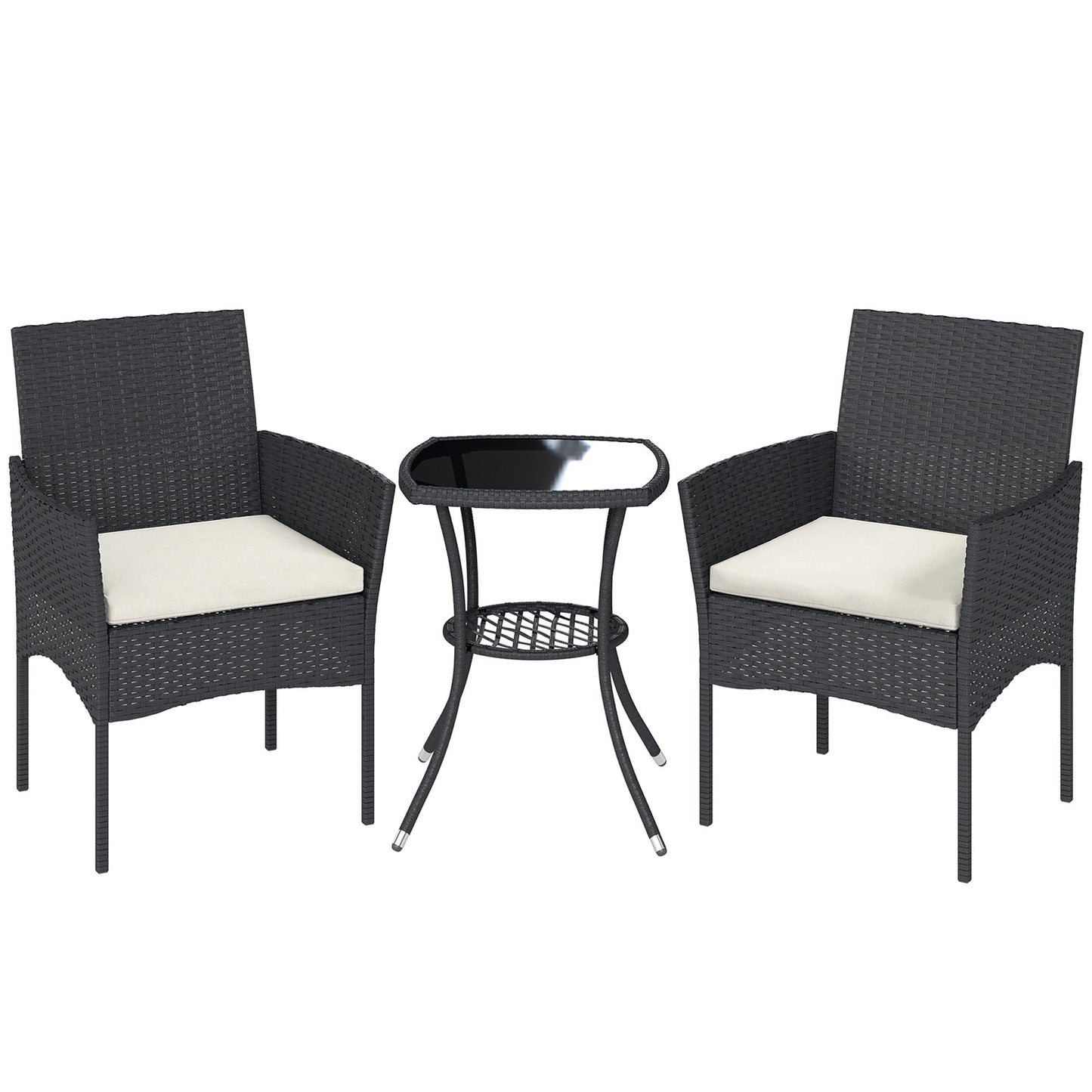 3 Piece Rattan Bistro Set, PE Wicker Garden Furniture Conversation Set, 2 Tier Glass-Top Bistro Table and Chairs for 2 with Cushions for Patio, Balcony, Porch, Cream White