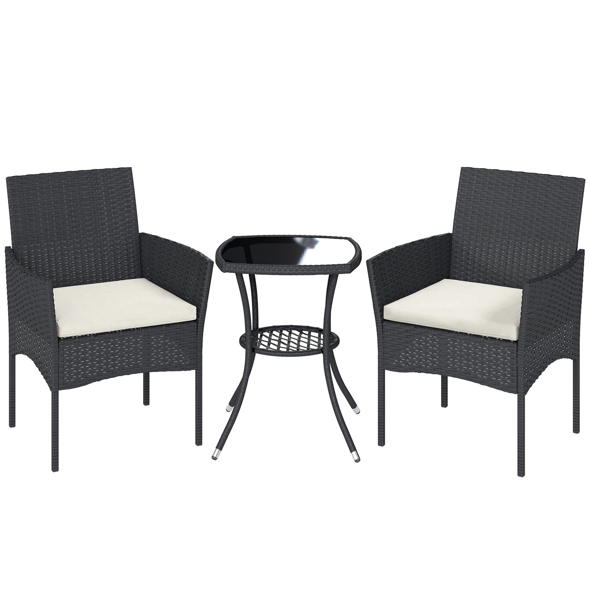 3 Piece Rattan Bistro Set, PE Wicker Garden Furniture Conversation Set, 2 Tier Glass-Top Bistro Table and Chairs for 2 with Cushions for Patio, Balcony, Porch, Cream White