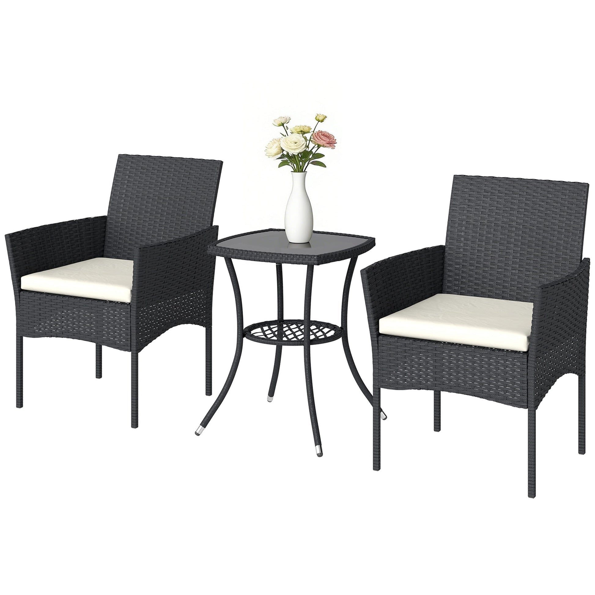 3 Piece Rattan Bistro Set, PE Wicker Garden Furniture Conversation Set, 2 Tier Glass-Top Bistro Table and Chairs for 2 with Cushions for Patio, Balcony, Porch, Cream White