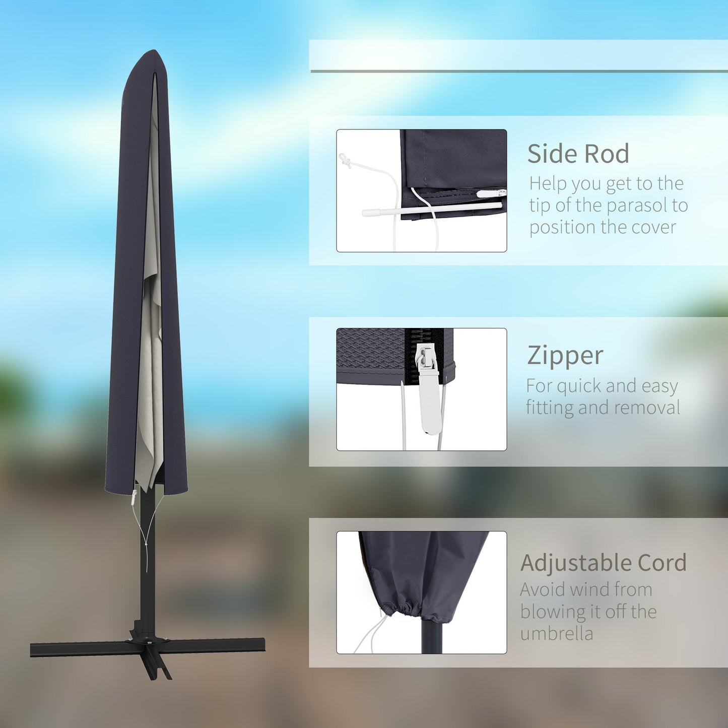Garden Parasol Cover, Outdoor Patio Umbrella Protector Weatherproof Garden Patio with Rod, Zipper for 2-4m Parasol, Φ60 x 160cm, Dark Grey