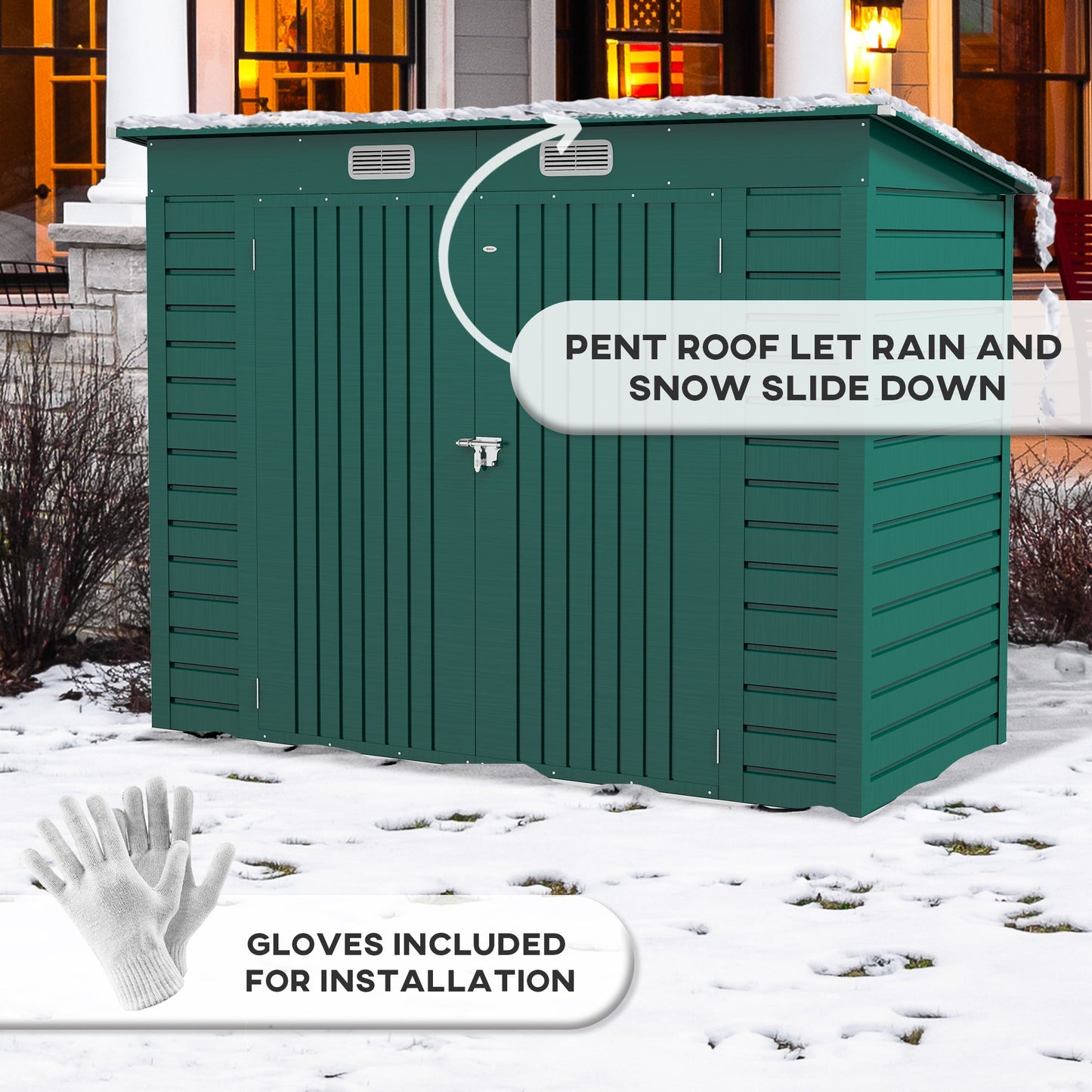 8 x 4FT Garden Shed. Galvanised Metal Shed, Outdoor Tool Storage Shed with Pent Roof, Lockable Door and 2 Vents, Green