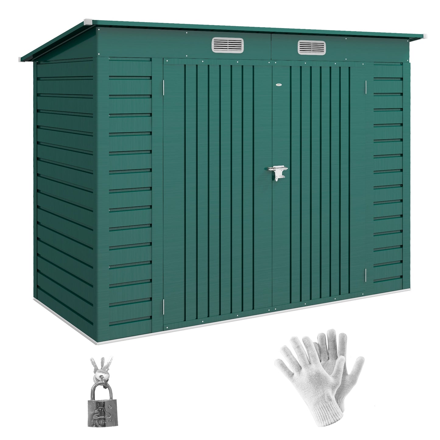 8 x 4FT Garden Shed. Galvanised Metal Shed, Outdoor Tool Storage Shed with Pent Roof, Lockable Door and 2 Vents, Green