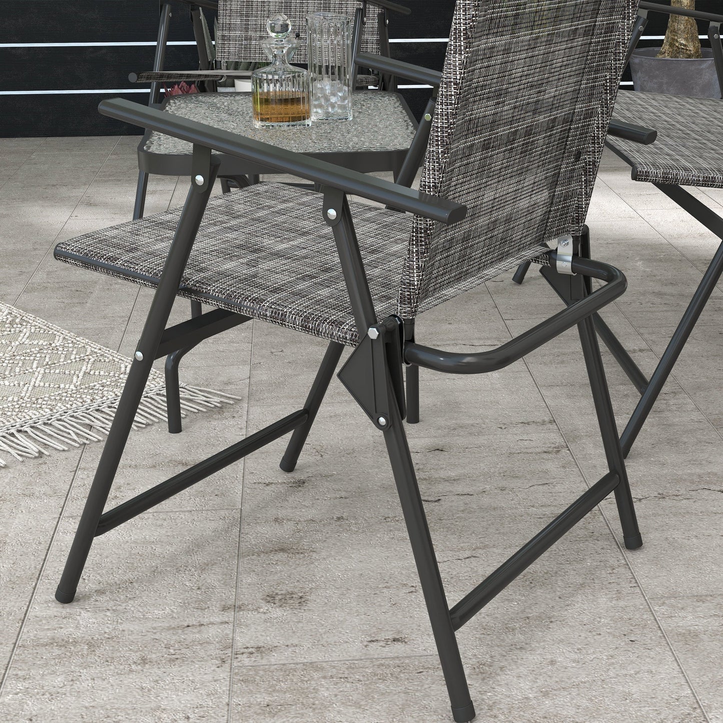 Outdoor 4 Pieces Patio Furniture Set with Breathable Mesh Fabric Seat & Backrest, Garden Set with Two Foldable Armchairs, a Loveseat & Glass Top Table, Mixed Grey