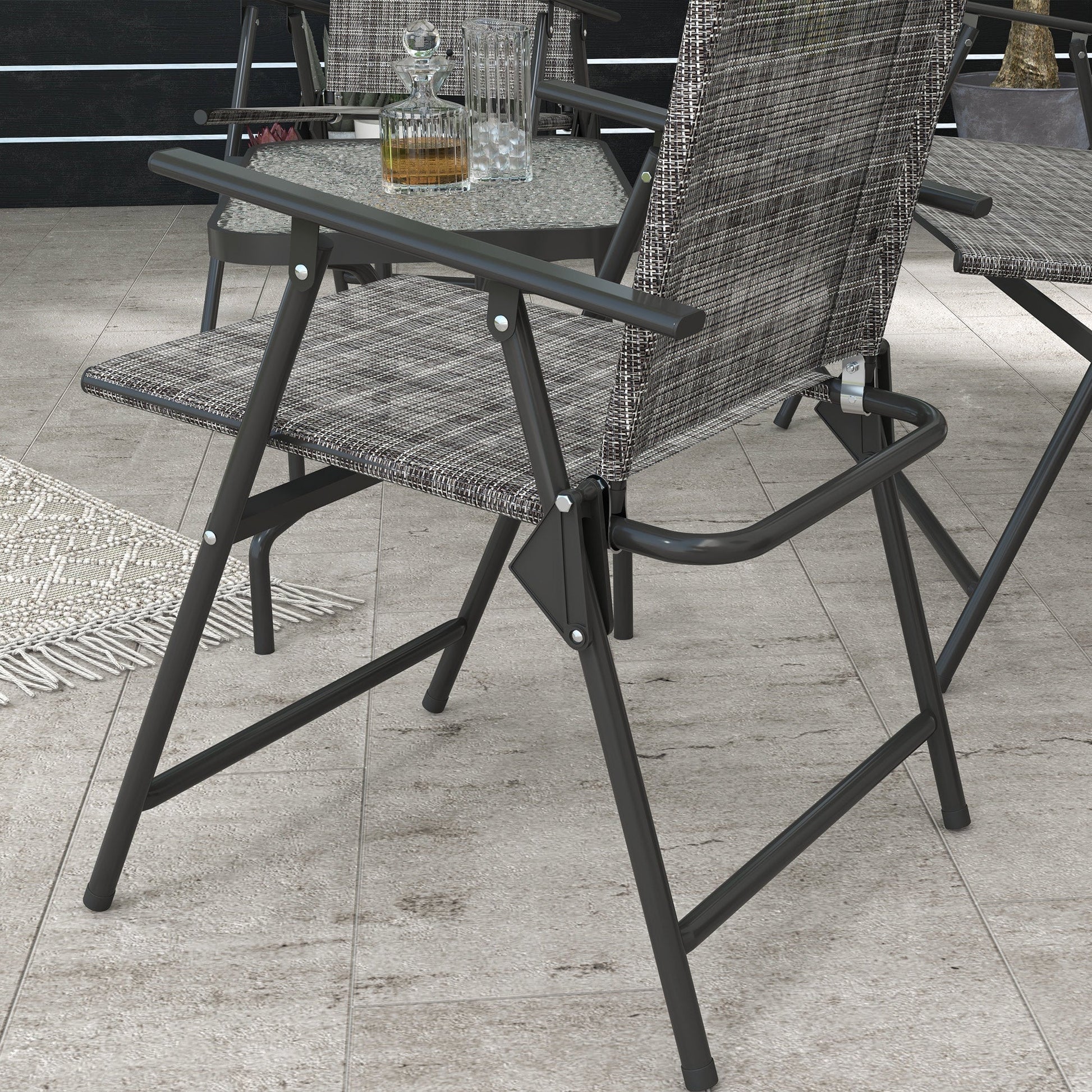 Outdoor 4 Pieces Patio Furniture Set with Breathable Mesh Fabric Seat & Backrest, Garden Set with Two Foldable Armchairs, a Loveseat & Glass Top Table, Mixed Grey