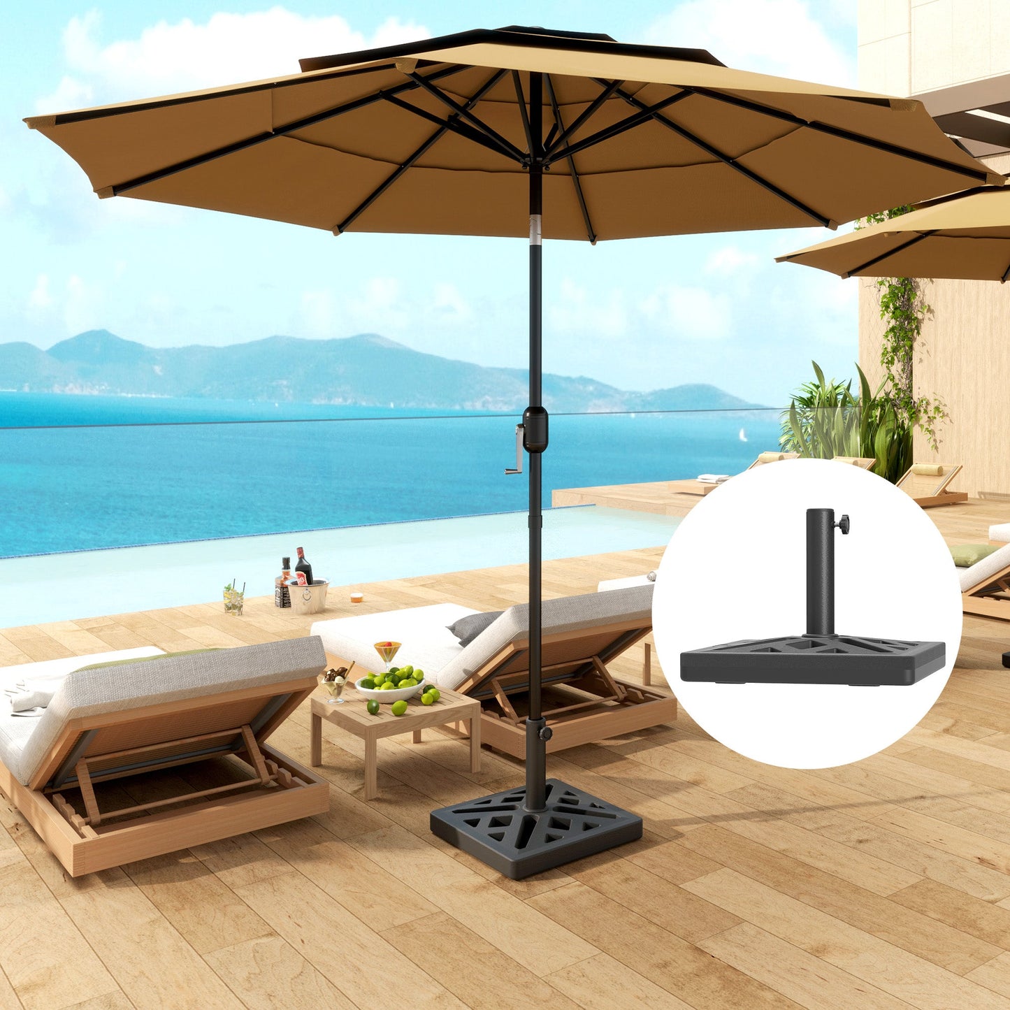 Garden Parasol Base, 15kg HDPE Outdoor Umbrella Stand Parasol Stand with Cut-Out Design, Sun Umbrella Base for 32, 38, 48 mm Poles, Black