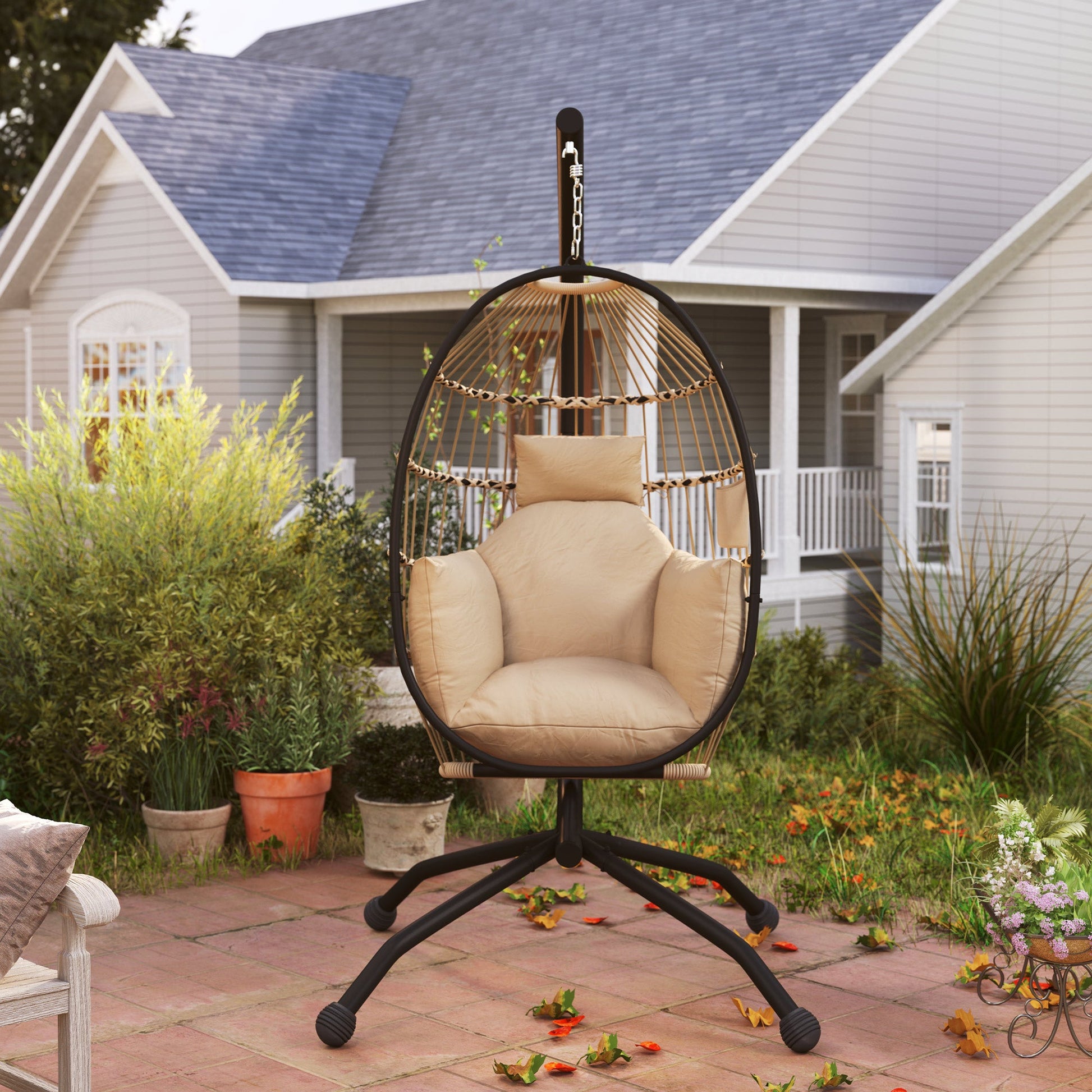 Hanging Egg Chair Outdoor Indoor Garden Swing Chair with Folding Basket and Thickened Cushion, Garden Hanging Chair with Stand, Headrest, Cup Holder for Patio, Balcony, Khaki