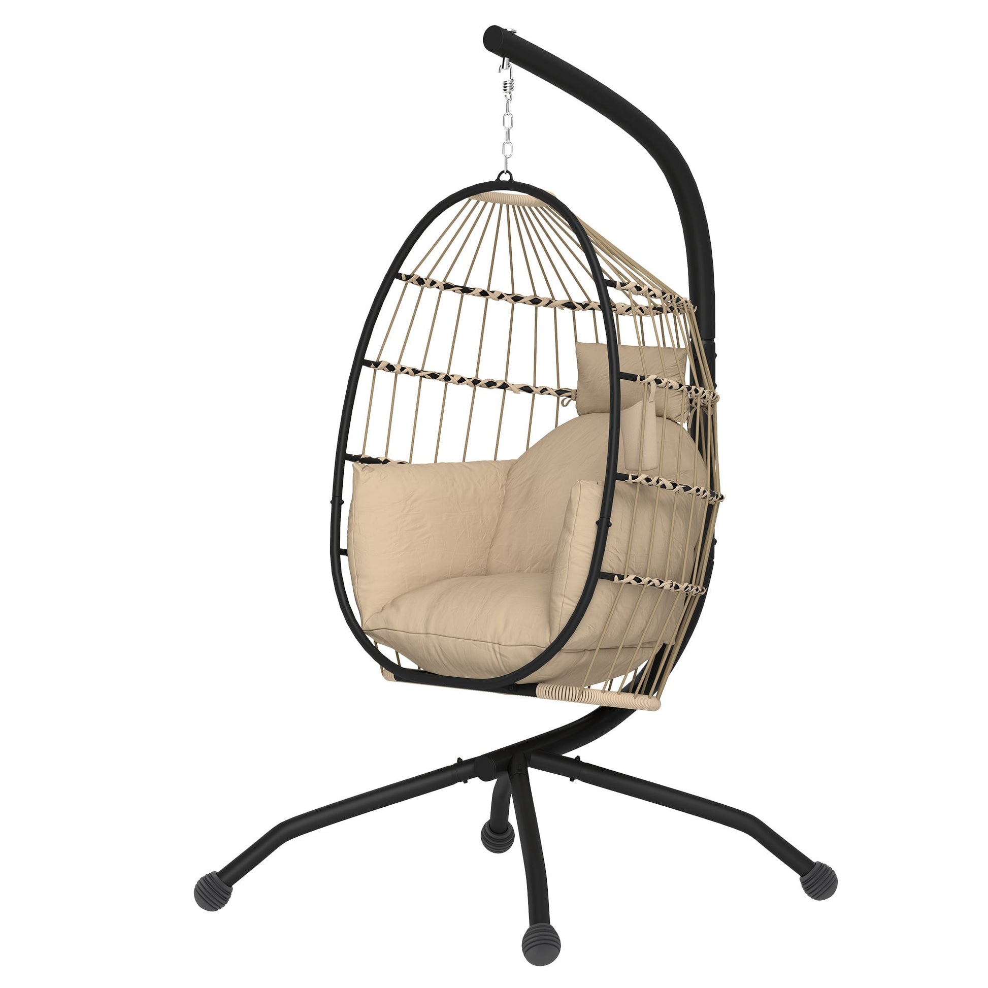 Hanging Egg Chair Outdoor Indoor Garden Swing Chair with Folding Basket and Thickened Cushion, Garden Hanging Chair with Stand, Headrest, Cup Holder for Patio, Balcony, Khaki