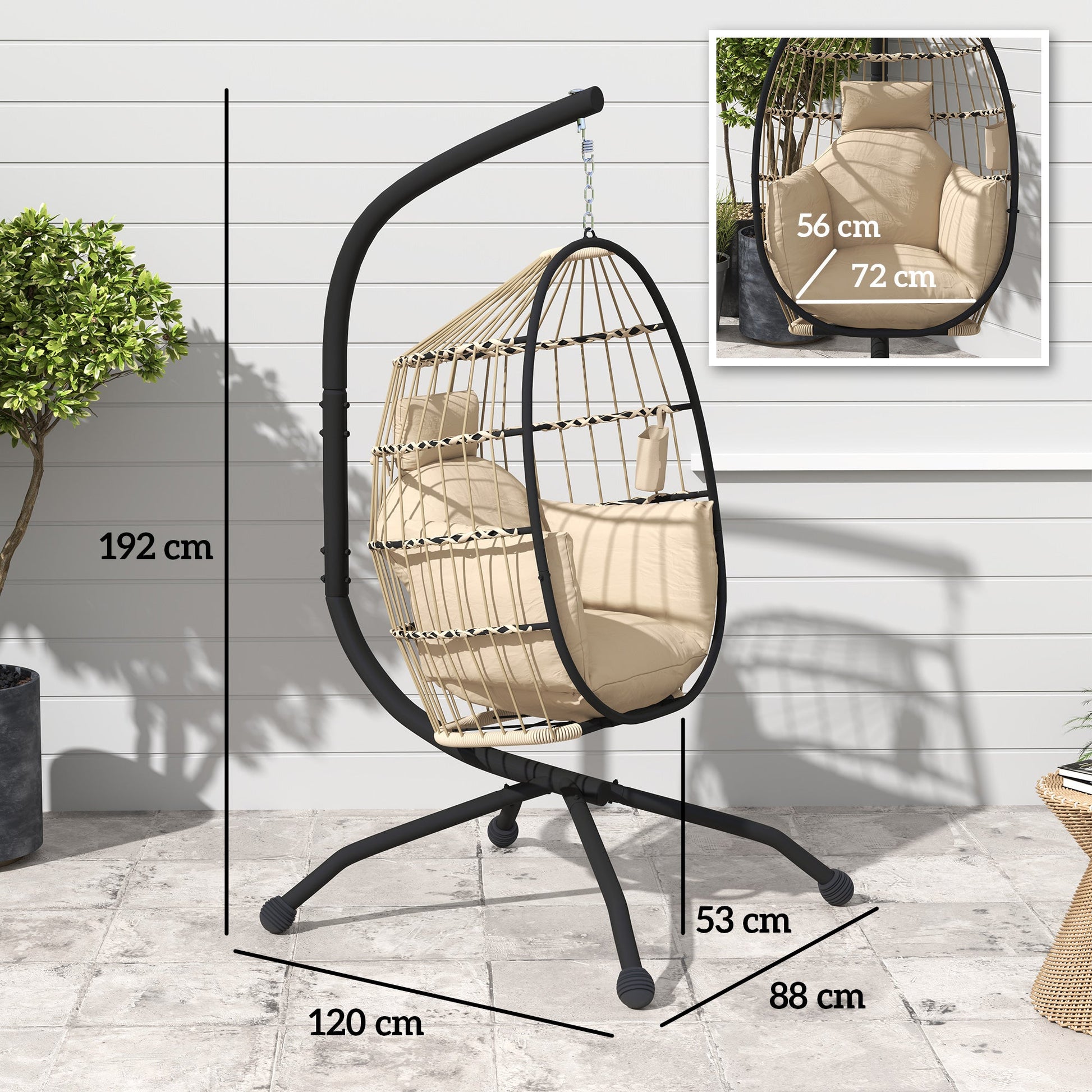 Hanging Egg Chair Outdoor Indoor Garden Swing Chair with Folding Basket and Thickened Cushion, Garden Hanging Chair with Stand, Headrest, Cup Holder for Patio, Balcony, Khaki