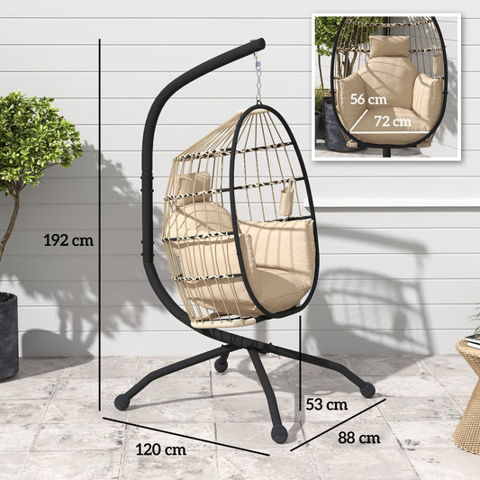 Hanging Egg Chair Outdoor Indoor Garden Swing Chair with Folding Basket and Thickened Cushion, Garden Hanging Chair with Stand, Headrest, Cup Holder for Patio, Balcony, Khaki