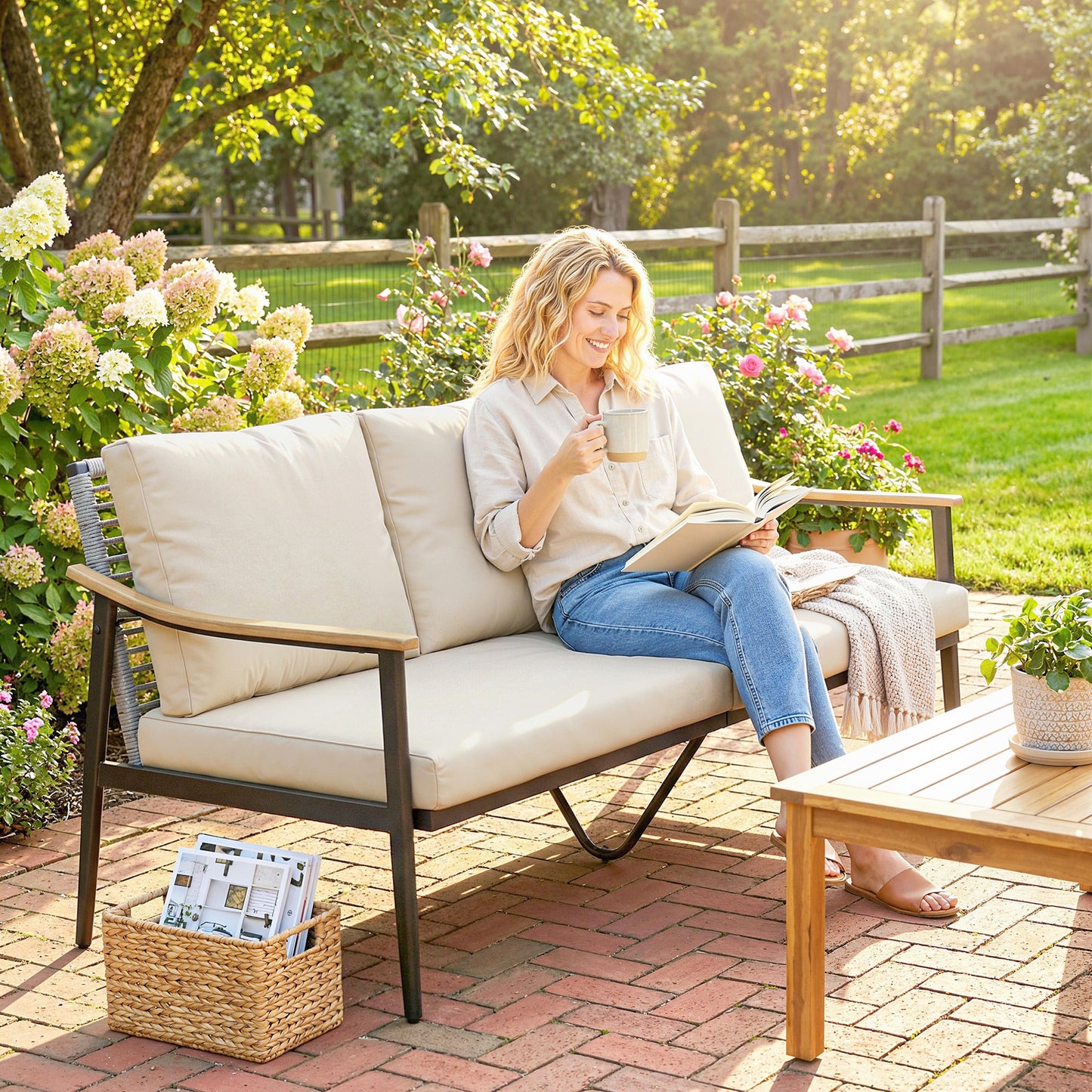 3 Seater Rattan Sofa, Outdoor Garden Sofa with Wood-Effect Armrests, PE Rattan Garden Furniture with Cushions, Steel Frame for Porch, Patio, Balcony, Khaki