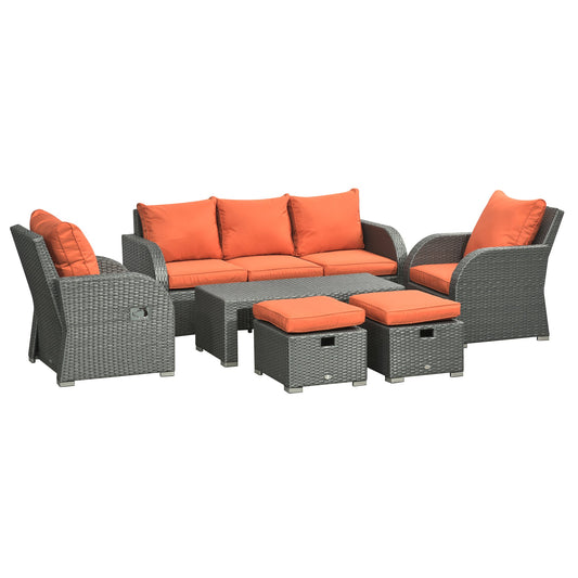 Rattan Garden Sofa Set With 3 Seater Sofa, 2 Reclining Single Sofa, Coffee Table, Footstool, Space-saving Outdoor Patio Wicker Furniture Set - Orange