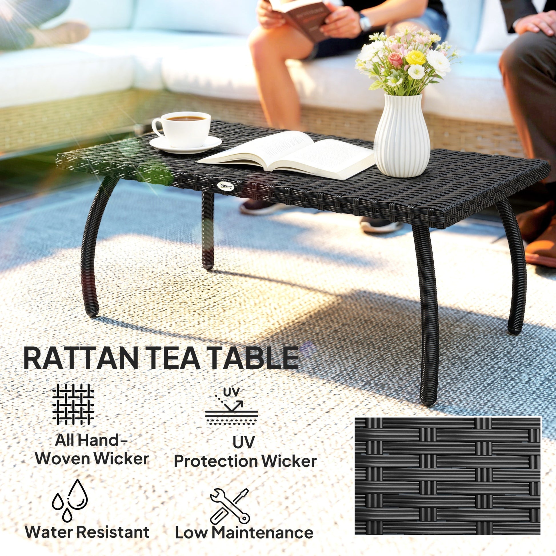 Rattan Garden Coffee Table, PE Wicker Outdoor Garden Table with All-Weather Material for Garden, Balcony, Porch, Black
