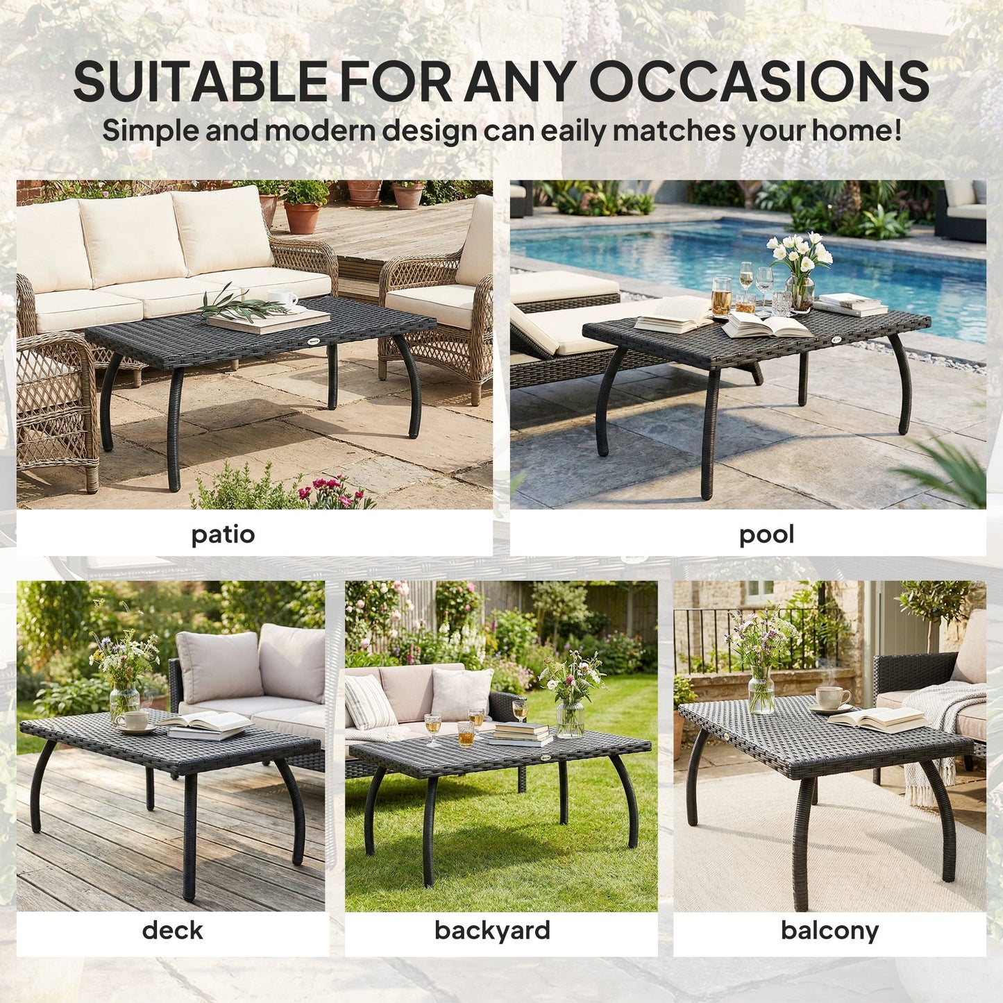 Rattan Garden Coffee Table, PE Wicker Outdoor Garden Table with All-Weather Material for Garden, Balcony, Porch, Black