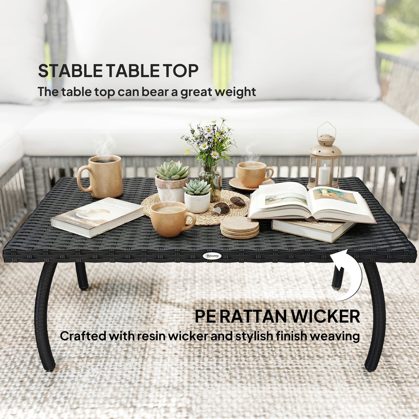Rattan Garden Coffee Table, PE Wicker Outdoor Garden Table with All-Weather Material for Garden, Balcony, Porch, Black