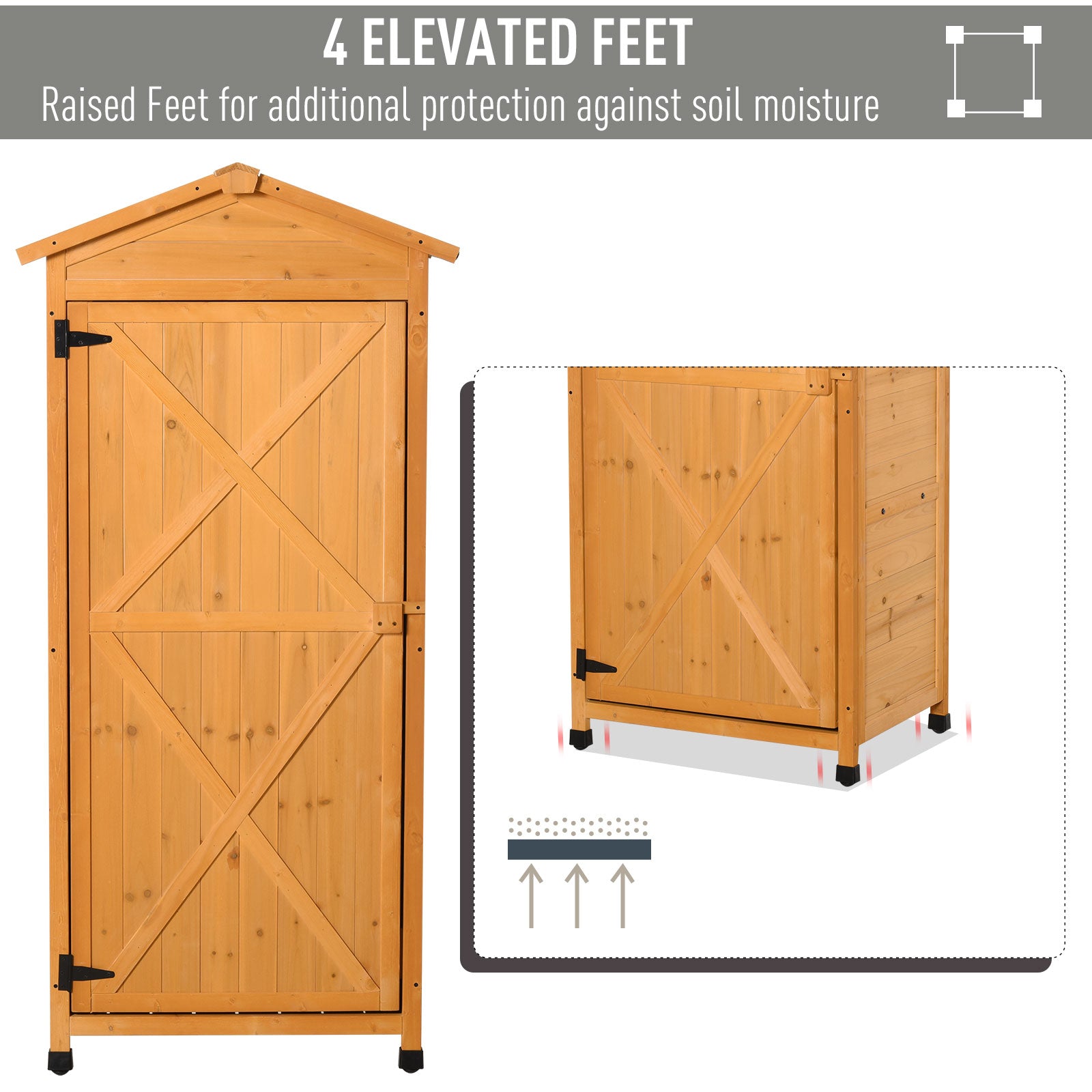 Wooden Garden Shed, Outdoor Storage Cabinet with 2 Shelves and Hooks, Locking Organiser Outdoor Narrow Tool House, 74x55x155cm, Yellow