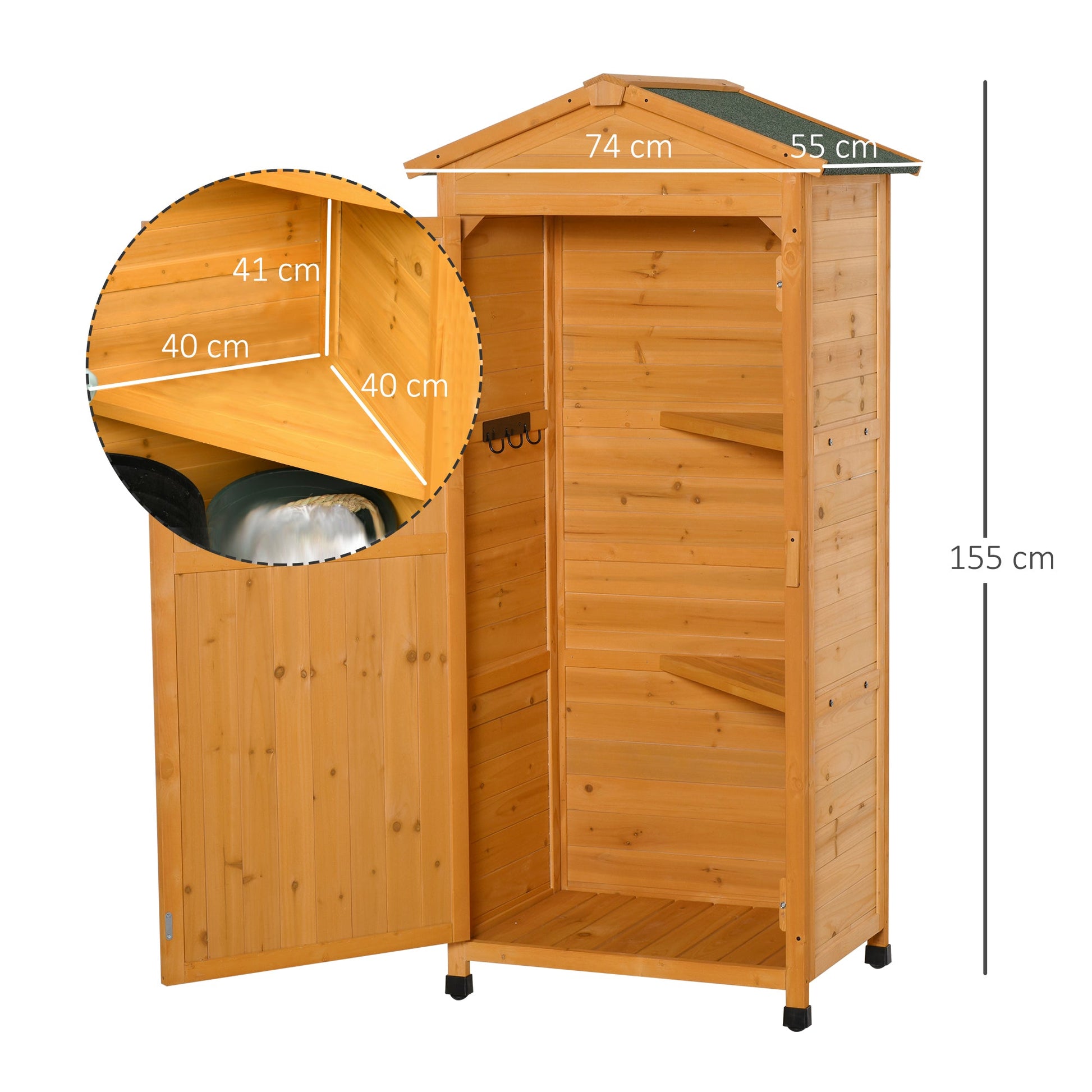 Wooden Garden Shed, Outdoor Storage Cabinet with 2 Shelves and Hooks, Locking Organiser Outdoor Narrow Tool House, 74x55x155cm, Yellow