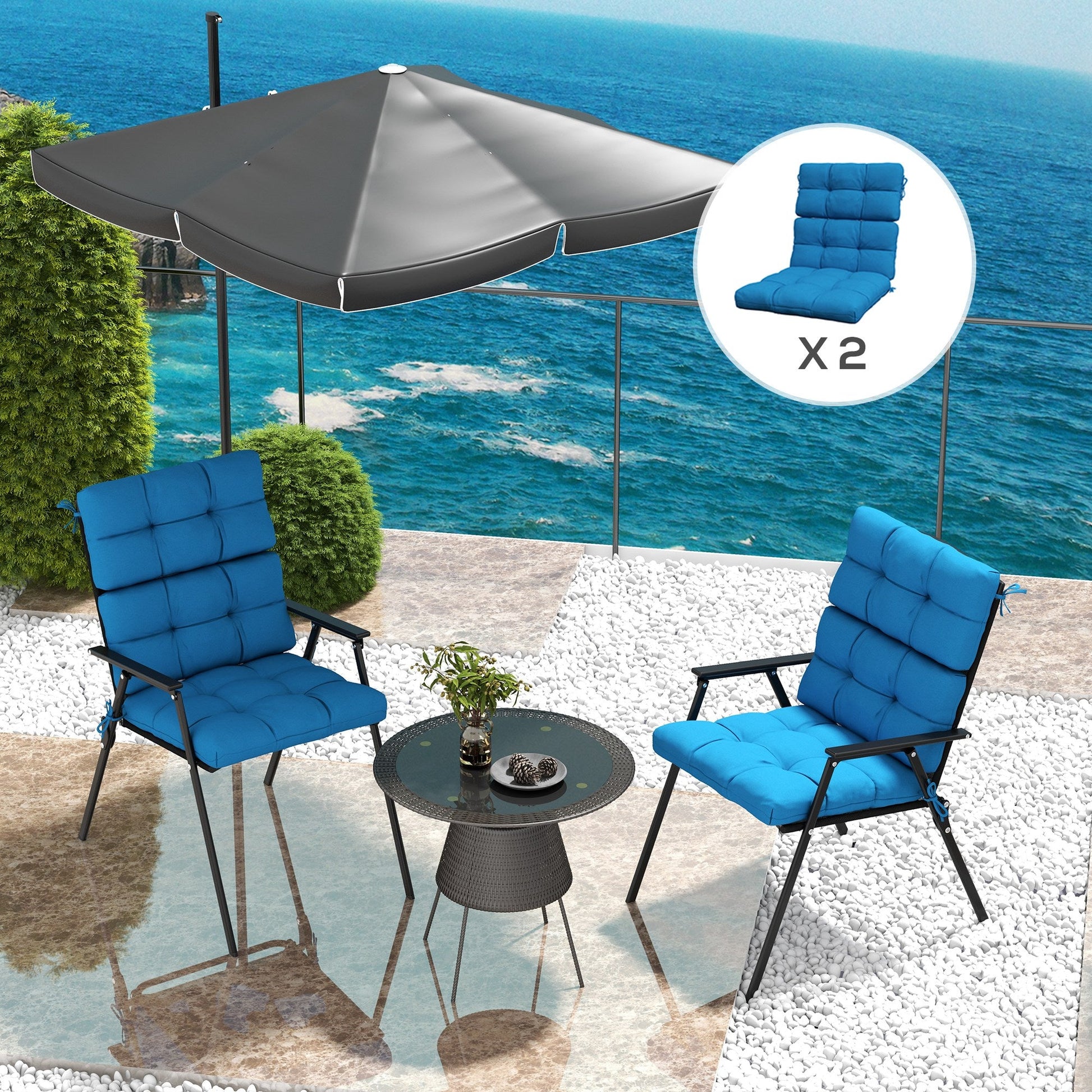 2pc Outdoor Seat Cushions with Backrest, Ties, Water Repellent Seat Pads for Chair, Garden Patio, Blue