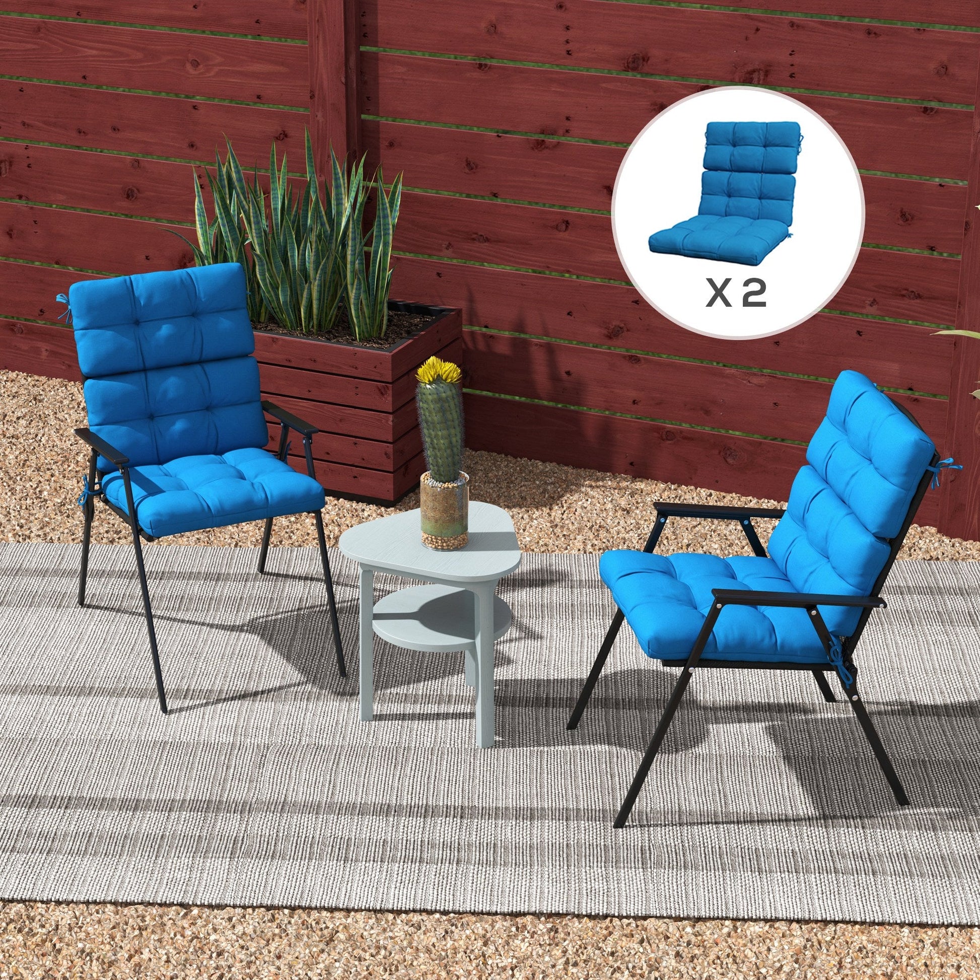 2pc Outdoor Seat Cushions with Backrest, Ties, Water Repellent Seat Pads for Chair, Garden Patio, Blue