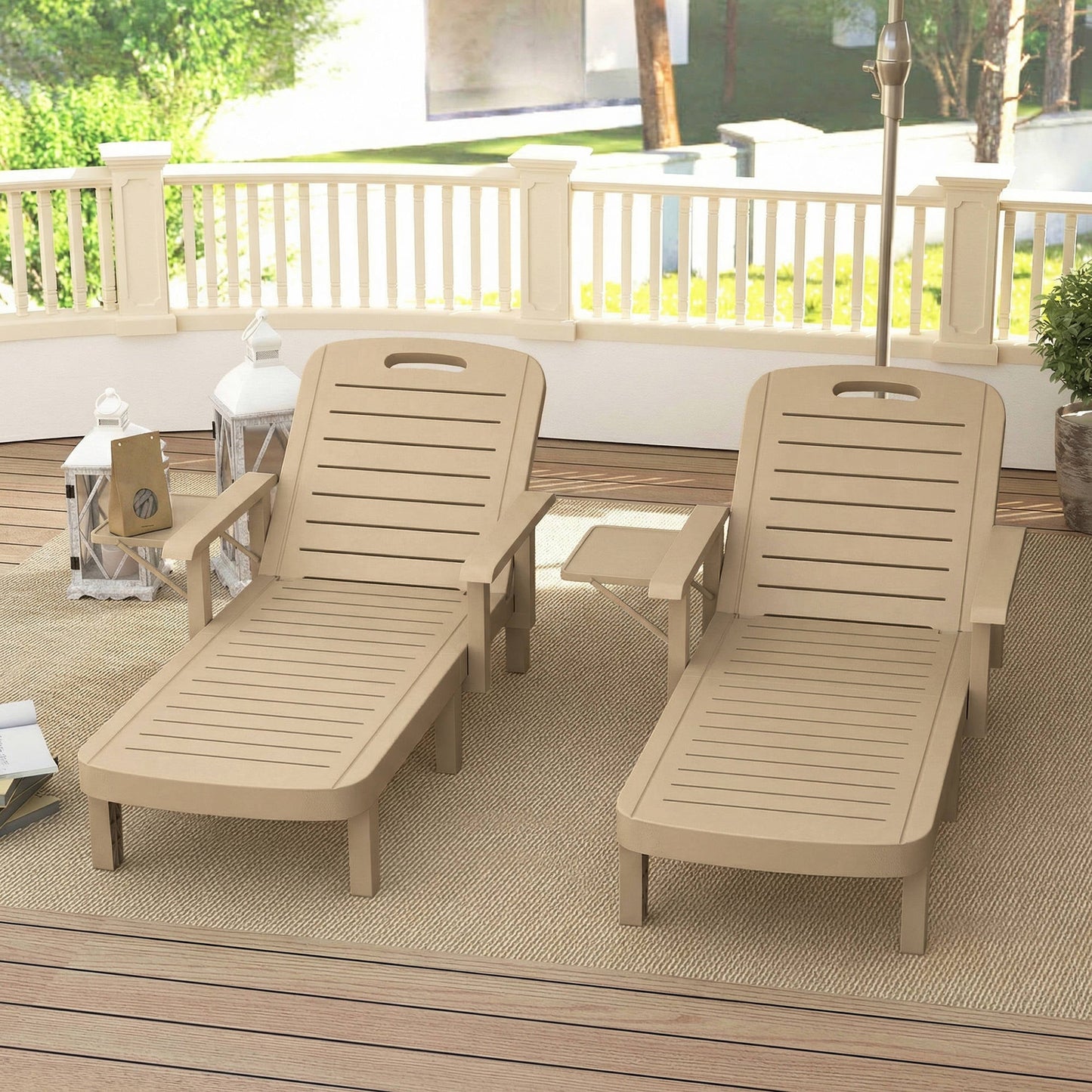 Set of 2 Resin Reclining Sun Loungers for Garden, 5 Positions Adjustable Outdoor Chaise Lounge Chair with Wood Texture Surface, Armrests, Foldable Side Table for Garden, Beach, Khaki