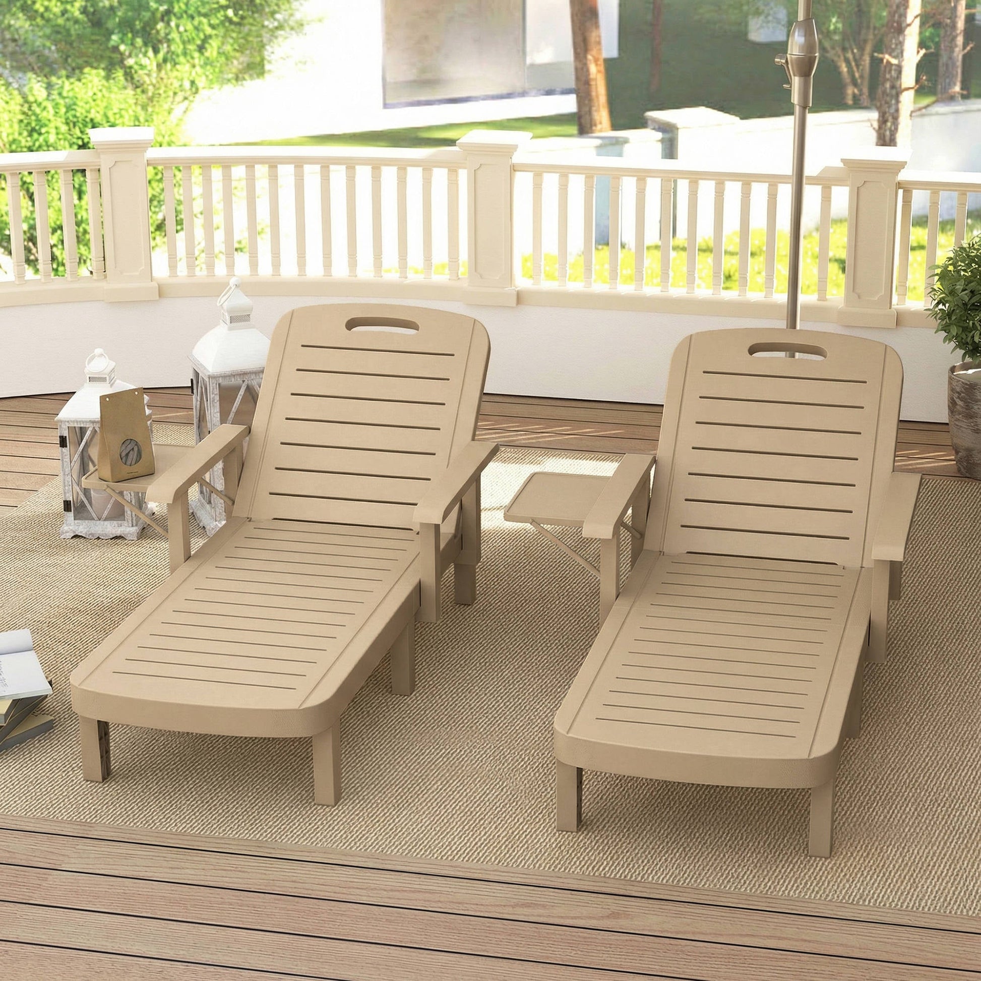 Set of 2 Resin Reclining Sun Loungers for Garden, 5 Positions Adjustable Outdoor Chaise Lounge Chair with Wood Texture Surface, Armrests, Foldable Side Table for Garden, Beach, Khaki