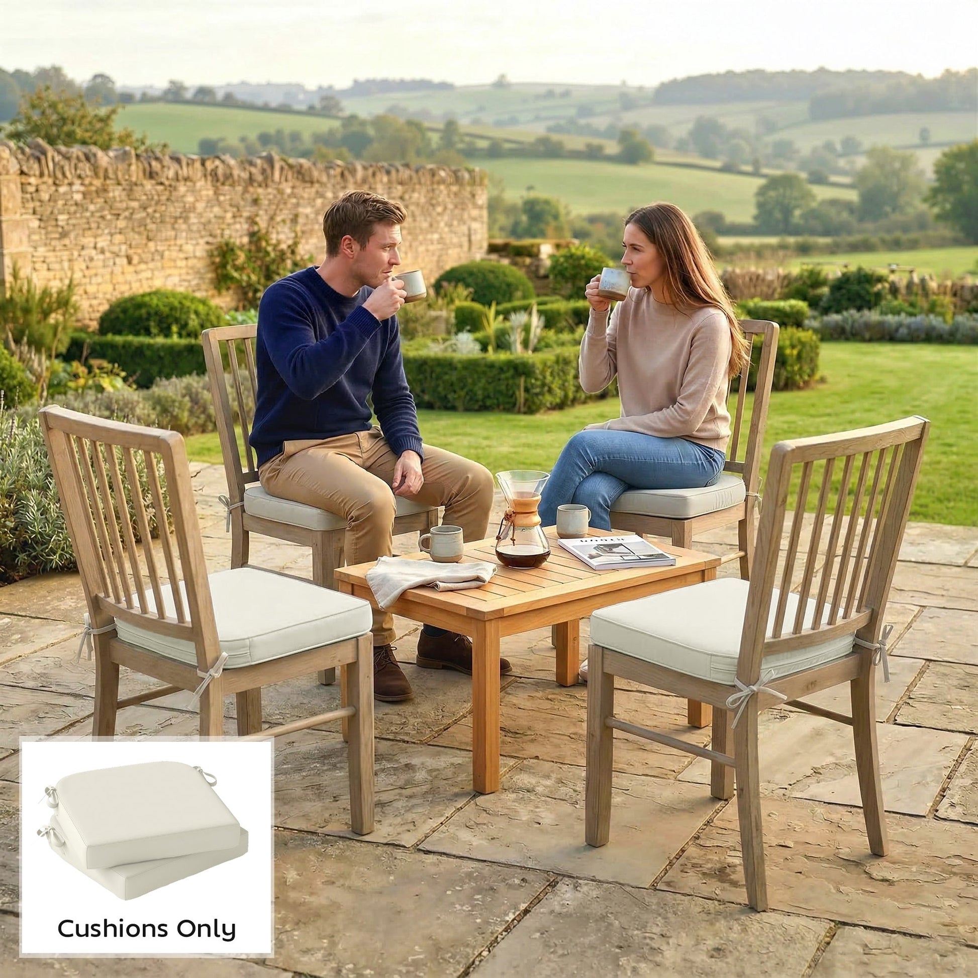 Outdoor Chair Seat Cushions Set of 2, Garden Chair Cushions with 7cm Thick Foam & Ties, Water Repellent and UV Resistant Covers for Patio Furniture 40x40cm, Cream White