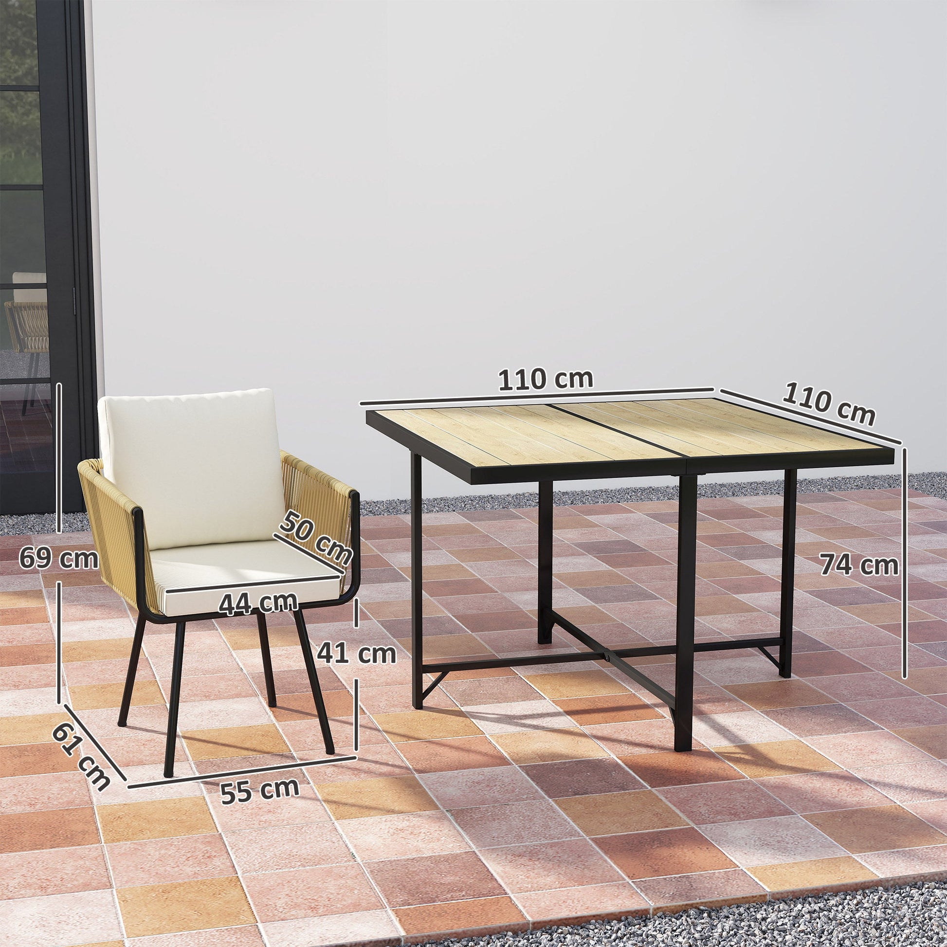 5 Piece Rattan Garden Furniture Set, Garden Dining Set with Wood-Plastic Table and 4 Stackable Chairs, Rattan Table and Chairs with 4 Cushions for Patio, Terrace, Beige