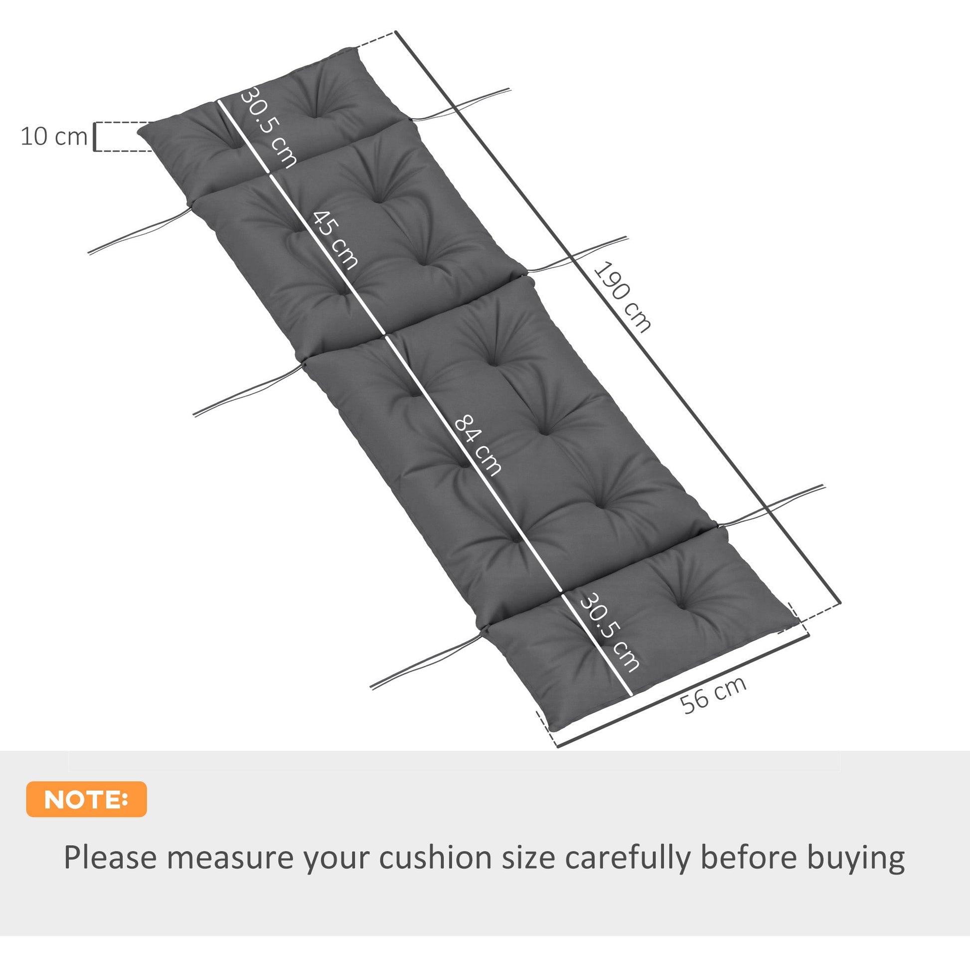 Sun Lounger Cushions Only, 190x56x10cm Garden Lounge Chair Cushions, UPF20+ 220gsm Fabric, Thick Sunbed Replacement Pads with 6 Ties, Dark Grey