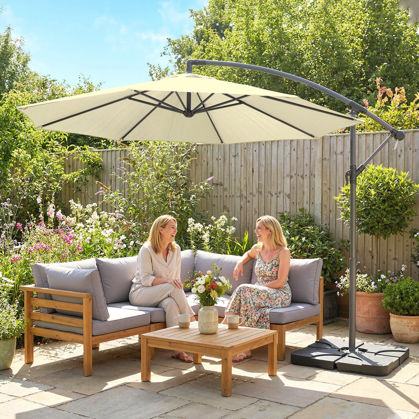 3 m Cantilever Parasol with Umbrella Weights, Cross Base, Offset Outdoor Umbrella with Protective Cover, Crank Handle, Hanging Sun Shade, Sand