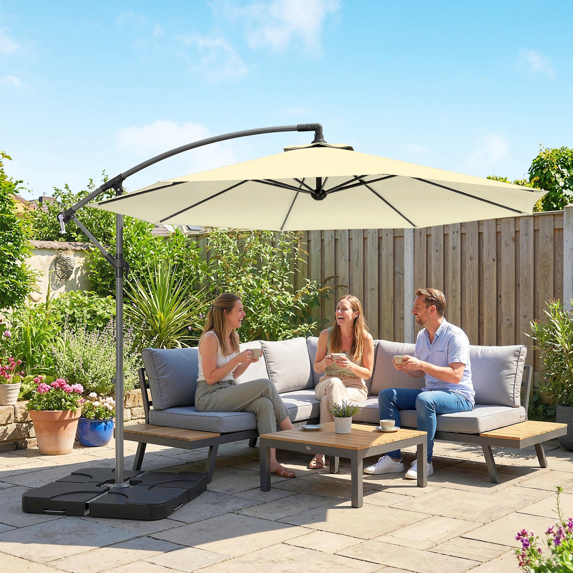 3 m Cantilever Parasol with Umbrella Weights, Cross Base, Offset Outdoor Umbrella with Protective Cover, Crank Handle, Hanging Sun Shade, Sand